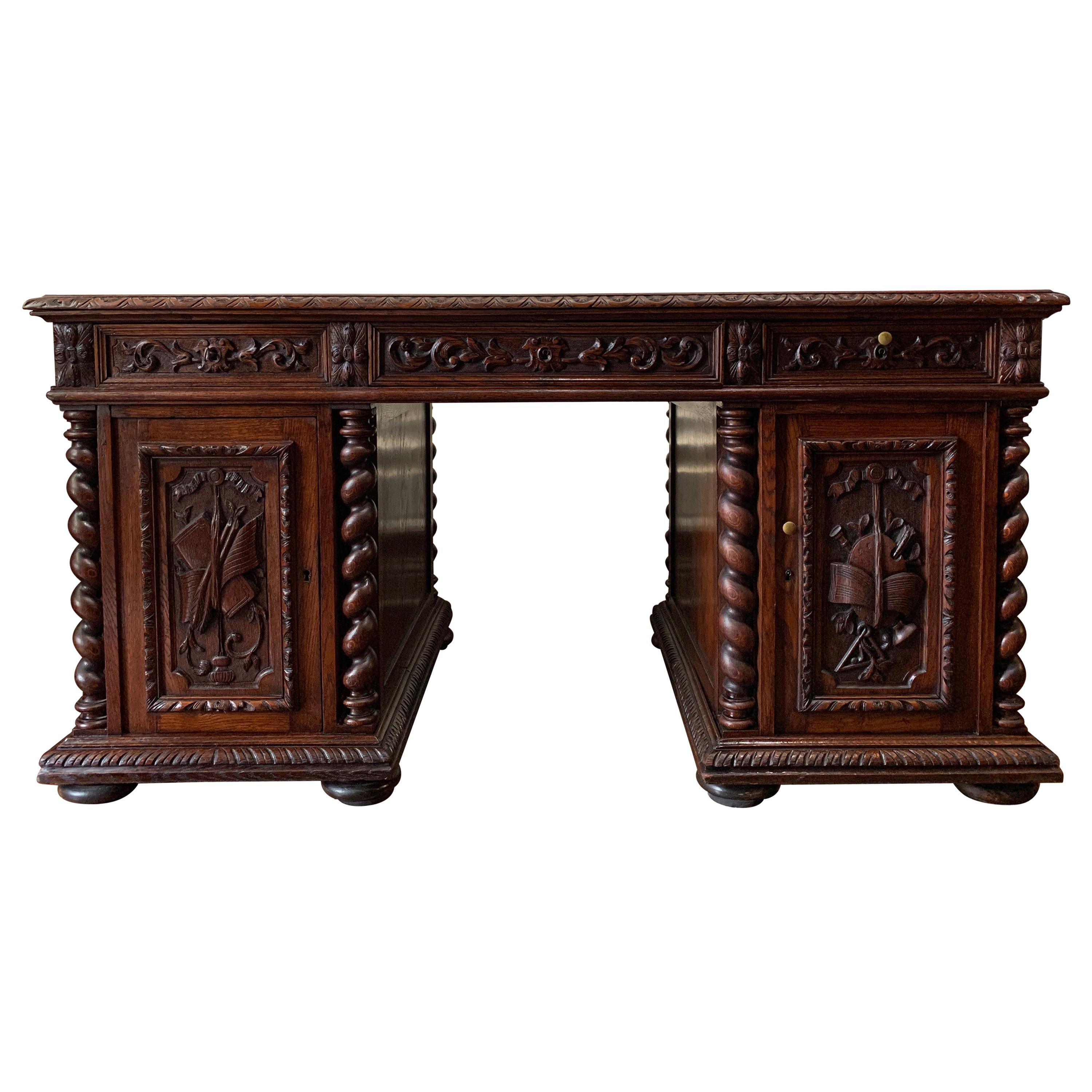 19th Century French Carved Oak Barley Twist Partners Office Desk Renaissance