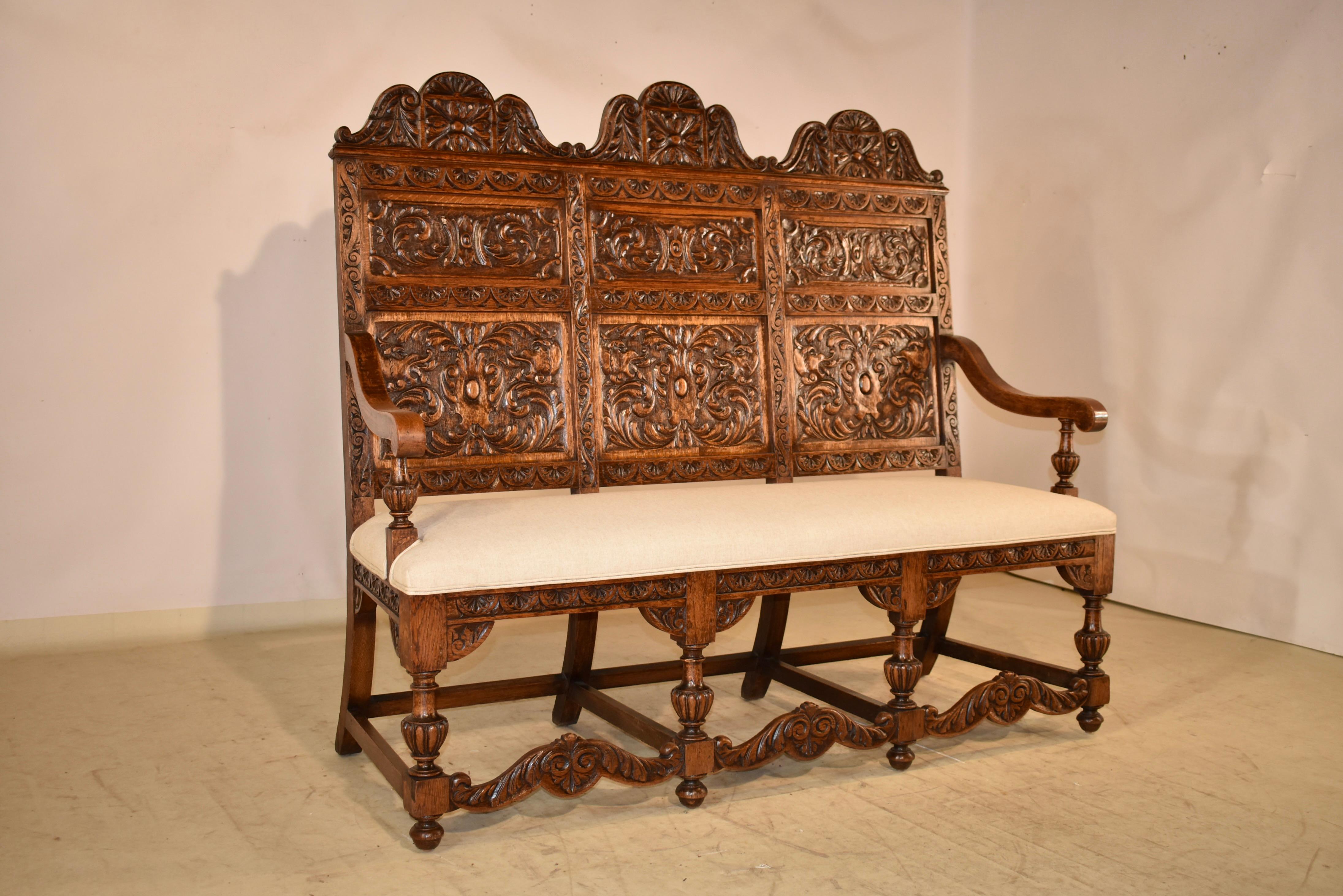 Hand-Carved 19th Century French Carved Oak Bench For Sale