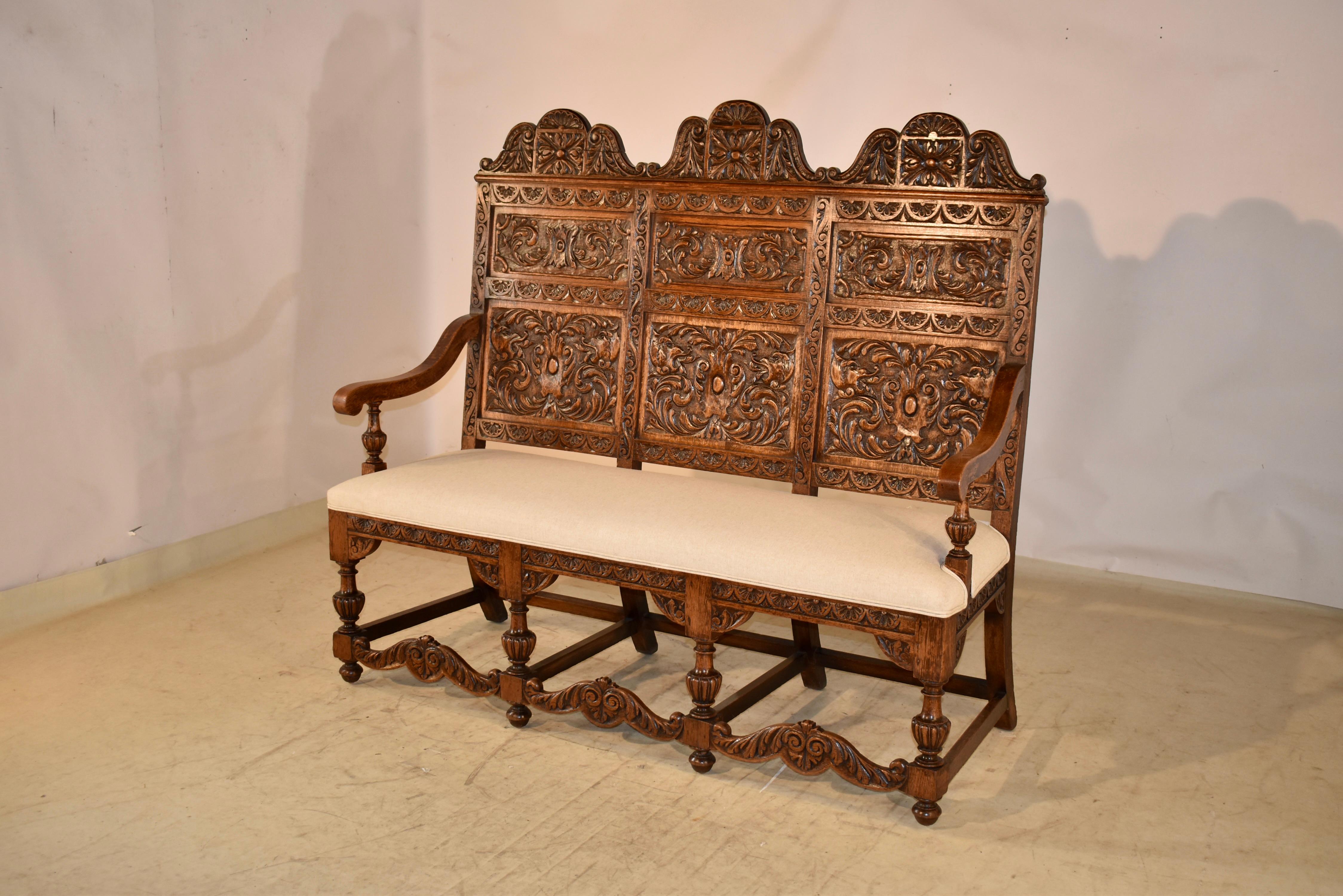 Linen 19th Century French Carved Oak Bench For Sale