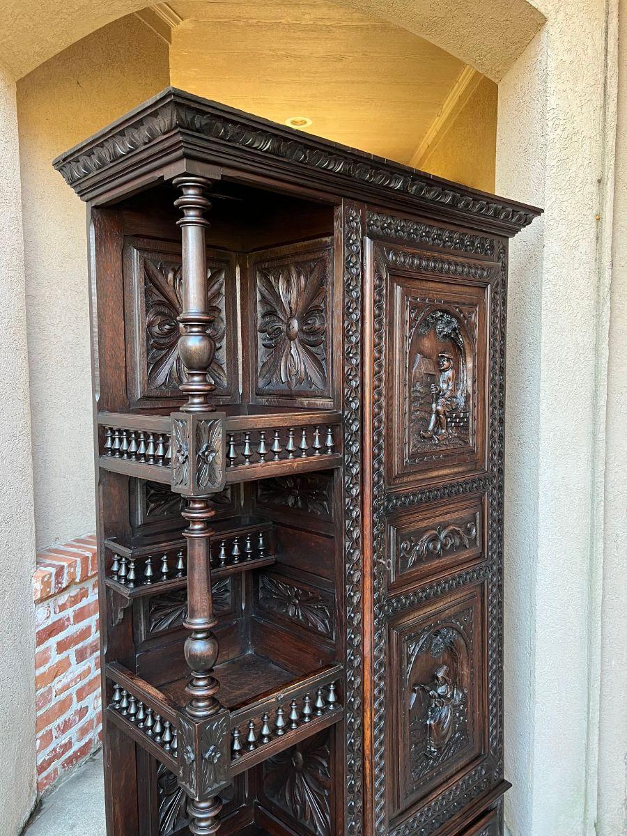 French Provincial 19th century French Carved Oak Bonnetiere Armoire Linen Cabinet Brittany Breton