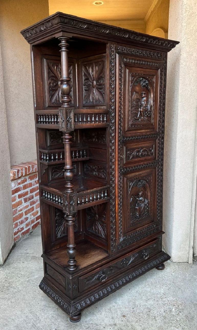 Hand-Carved 19th century French Carved Oak Bonnetiere Armoire Linen Cabinet Brittany Breton