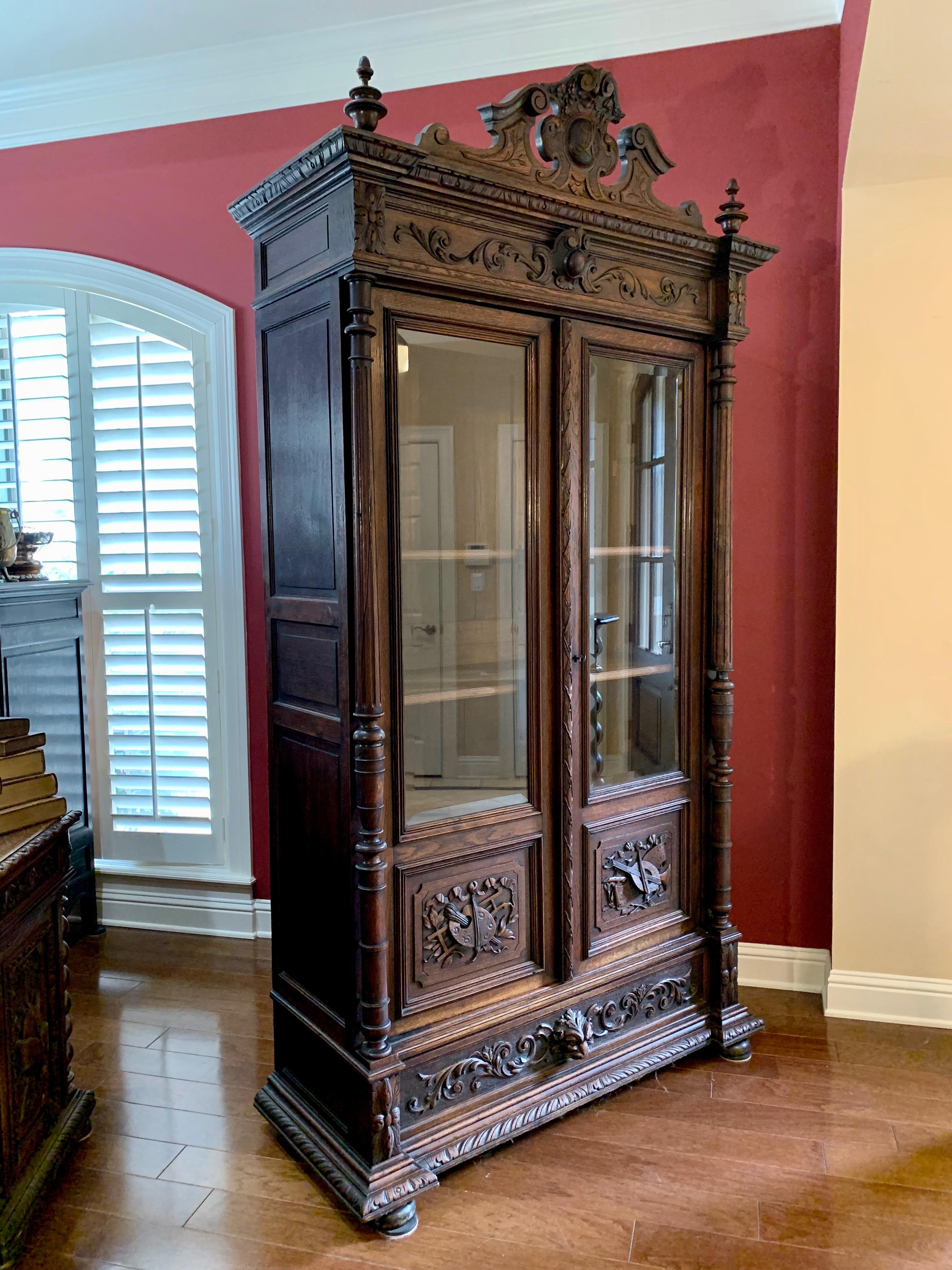 19th Century French Carved Oak Bookcase Cabinet Glass Door Music Renaissance 3