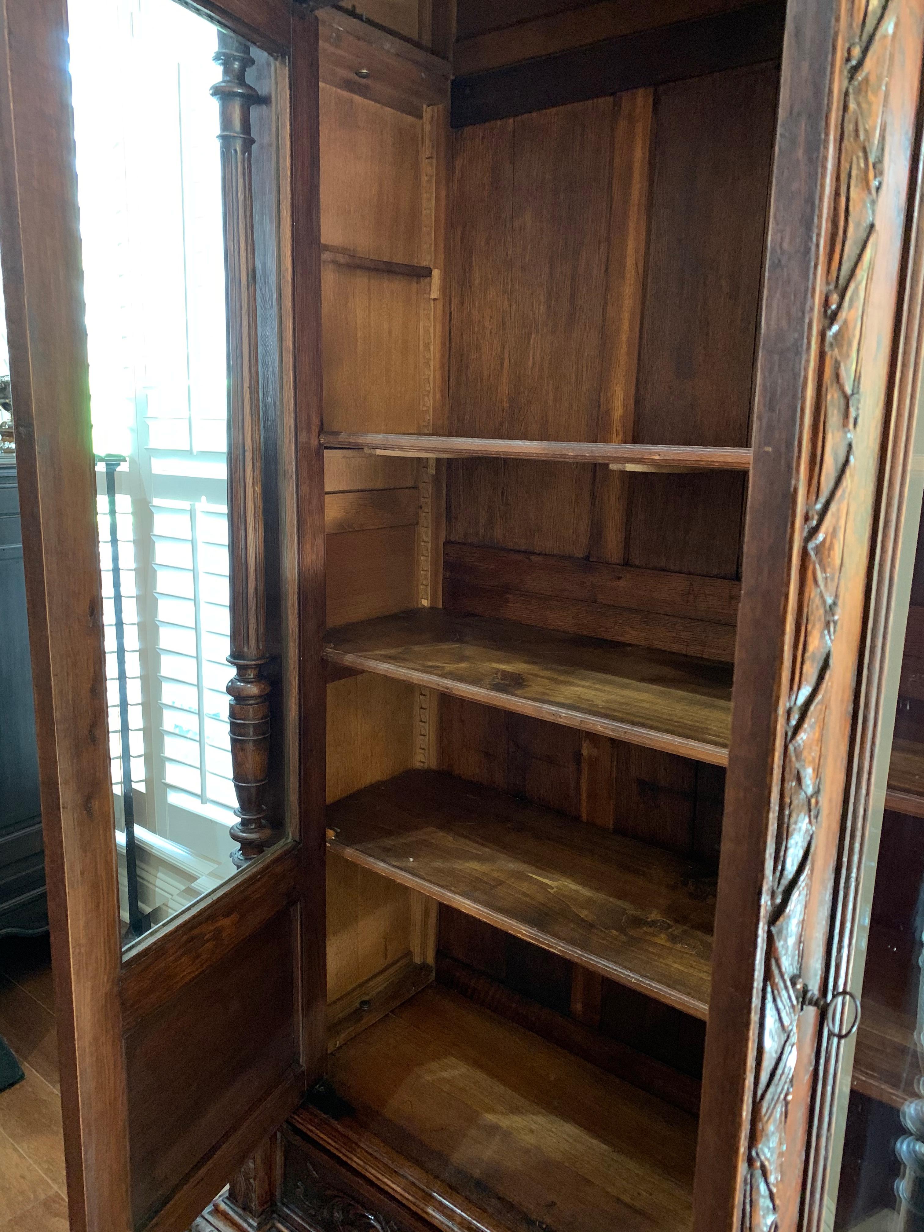 Hand-Carved 19th Century French Carved Oak Bookcase Cabinet Glass Door Music Renaissance
