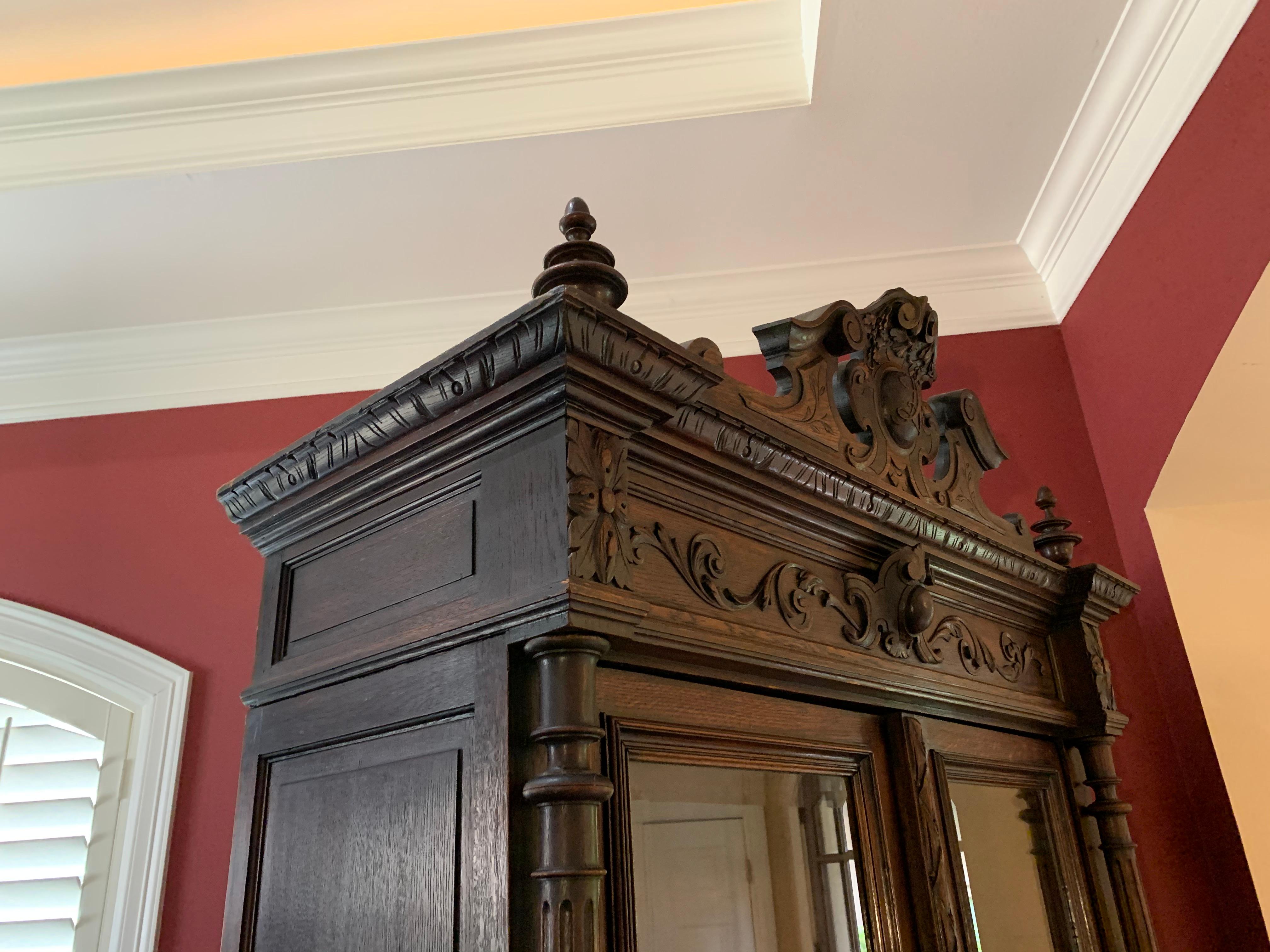 19th Century French Carved Oak Bookcase Cabinet Glass Door Music Renaissance 1