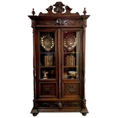 19th Century French Carved Oak Bookcase Cabinet Glass Door Music Renaissance