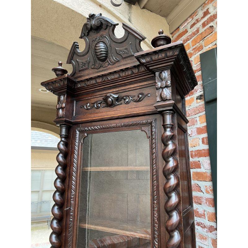 Hand-Carved 19th century French Carved Oak Bookcase Hunt Cabinet Barley Twist Black Forest
