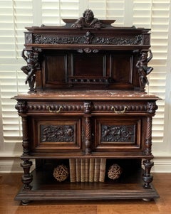 19th Century French Carved Oak Cabinet Marble Quasimodo Notre Dame Victor Hugo