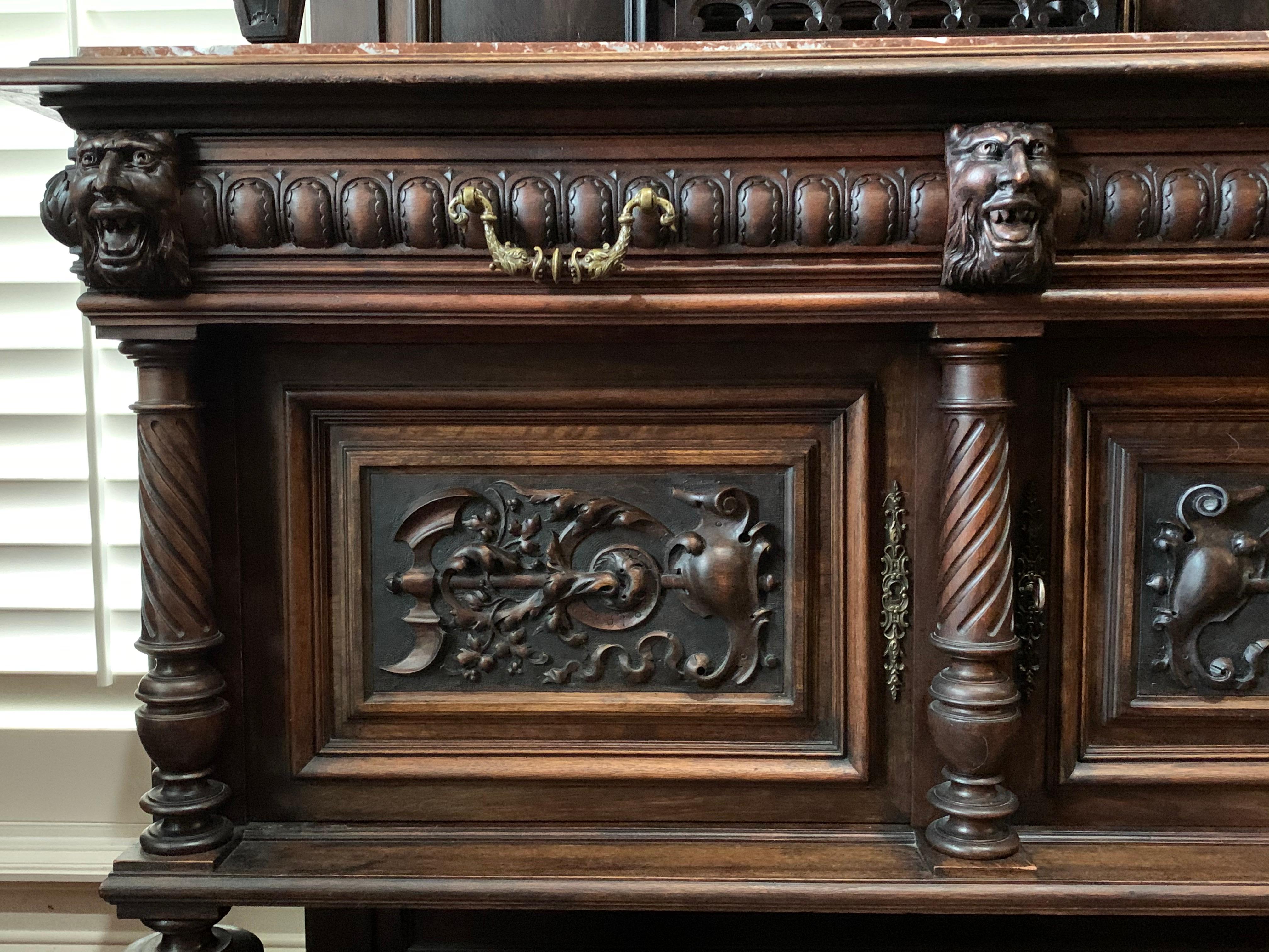 19th Century French Carved Oak Cabinet Marble Quasimodo Notre Dame Victor Hugo 3