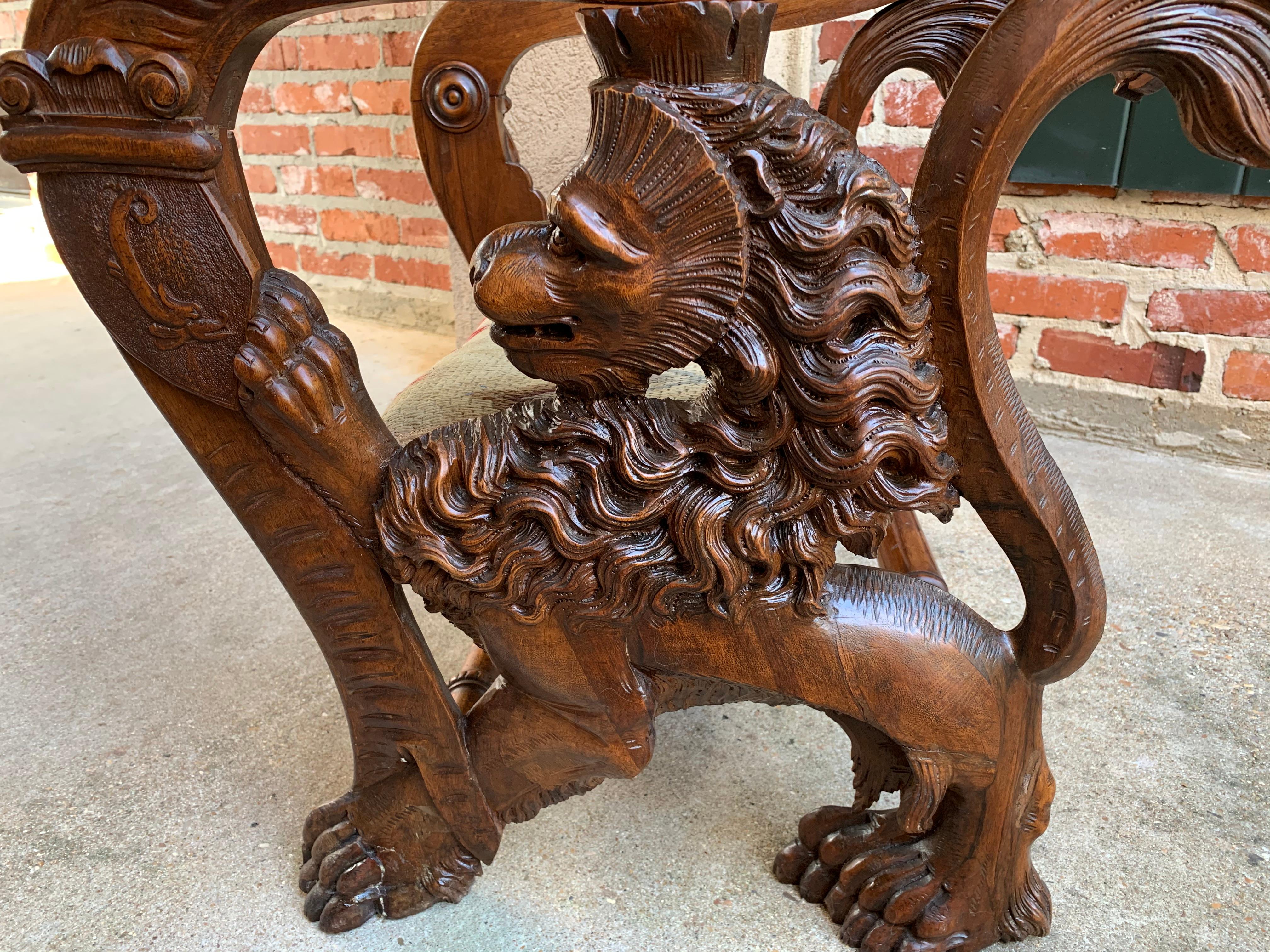 19th Century French Carved Oak Cathedral Altar Chair Gothic Lion Renaissance 7