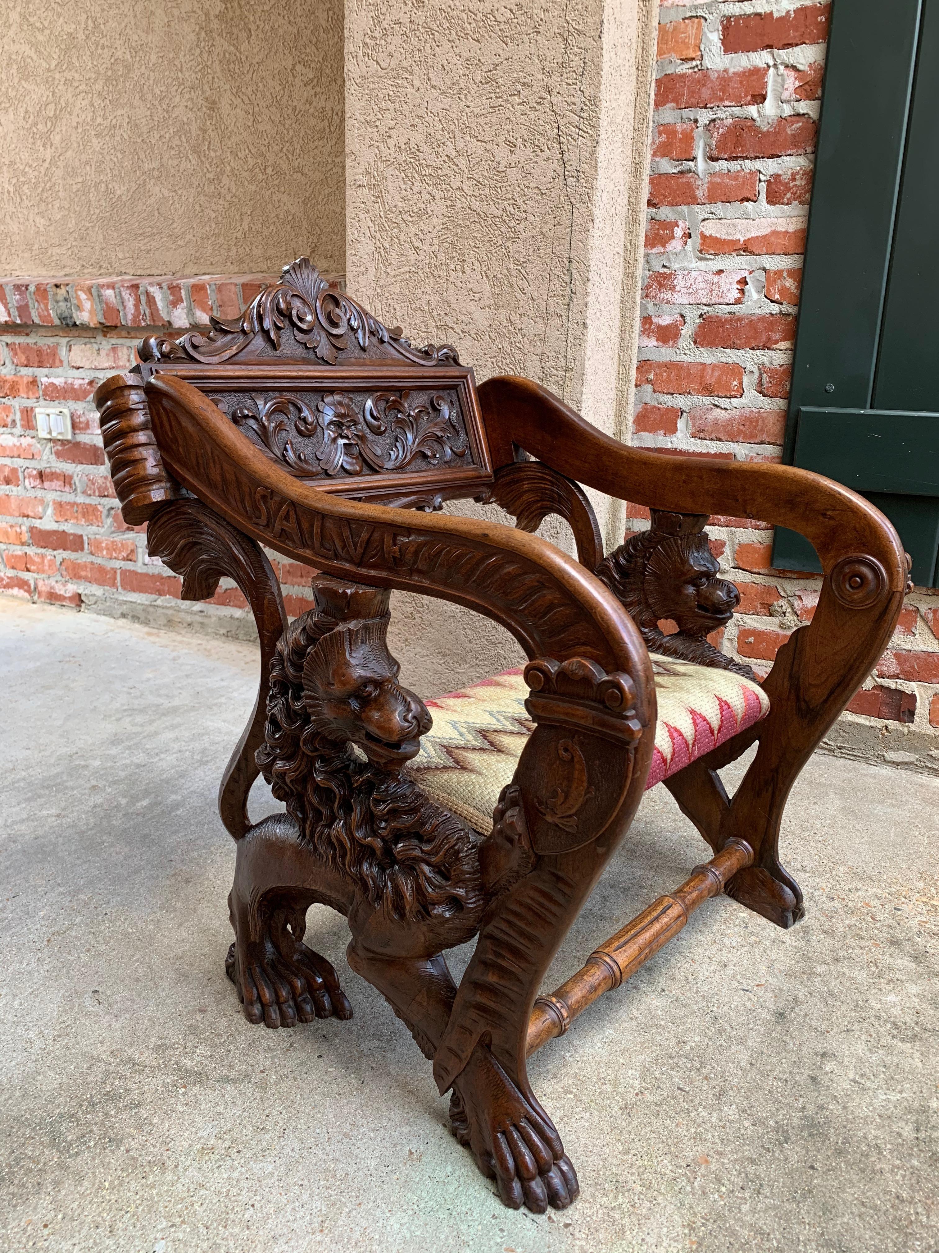 Direct from France, a very unique altar chair, with breathtaking hand carved designs~
~Dimensional rampant lions form each side, with their crown supporting the arms and their claw feet forming the base. Notice the lion’s mane, facial features,