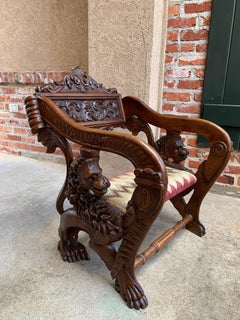 19th Century French Carved Oak Cathedral Altar Chair Gothic Lion Renaissance