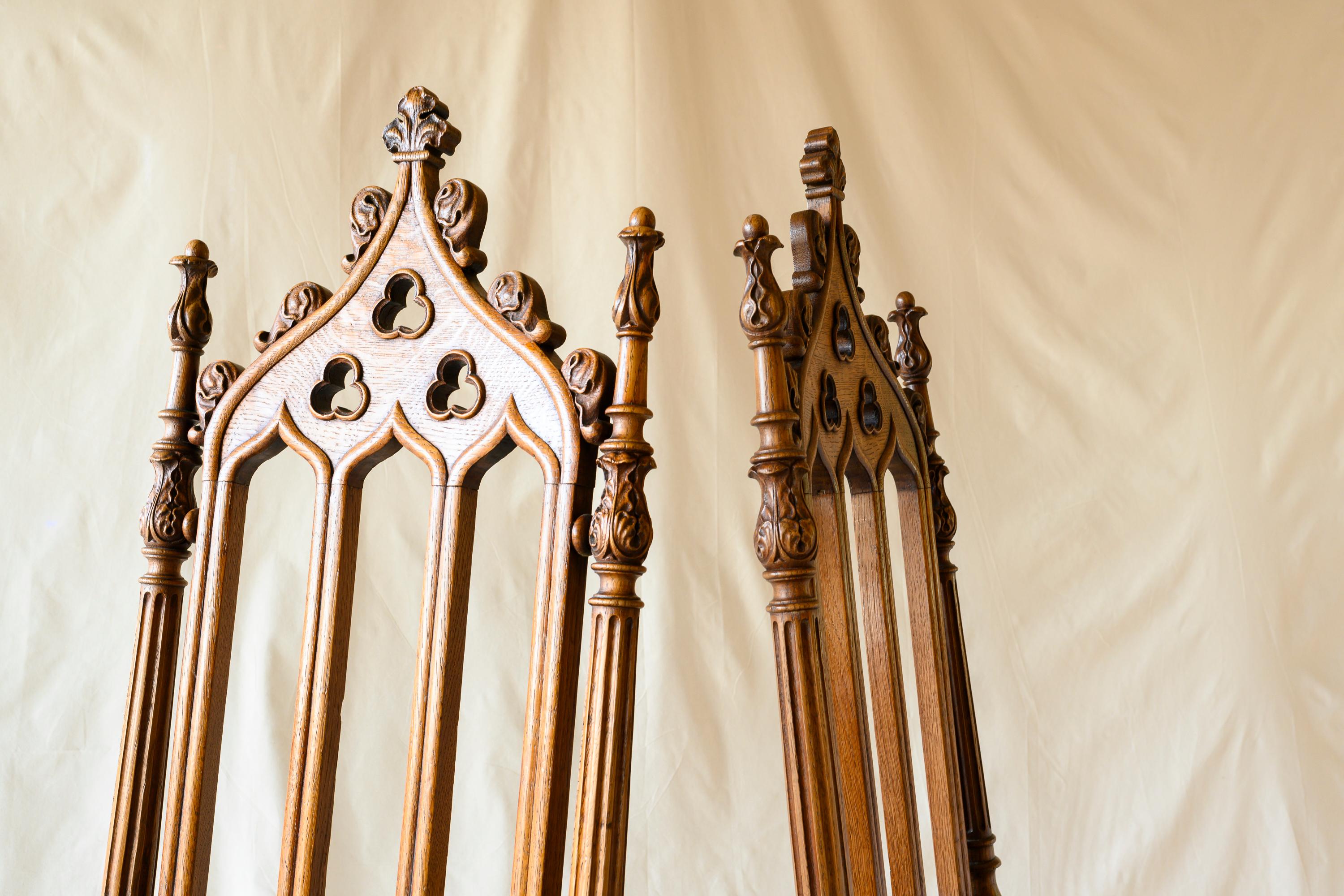 Faux Leather 19th Century French Carved Oak Cathedral Style Chairs, a Pair