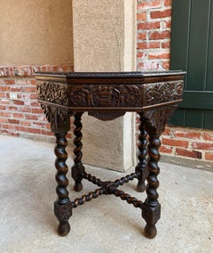 19th Century French Carved Oak Center Octagon Table Barley Twist Library Sofa
