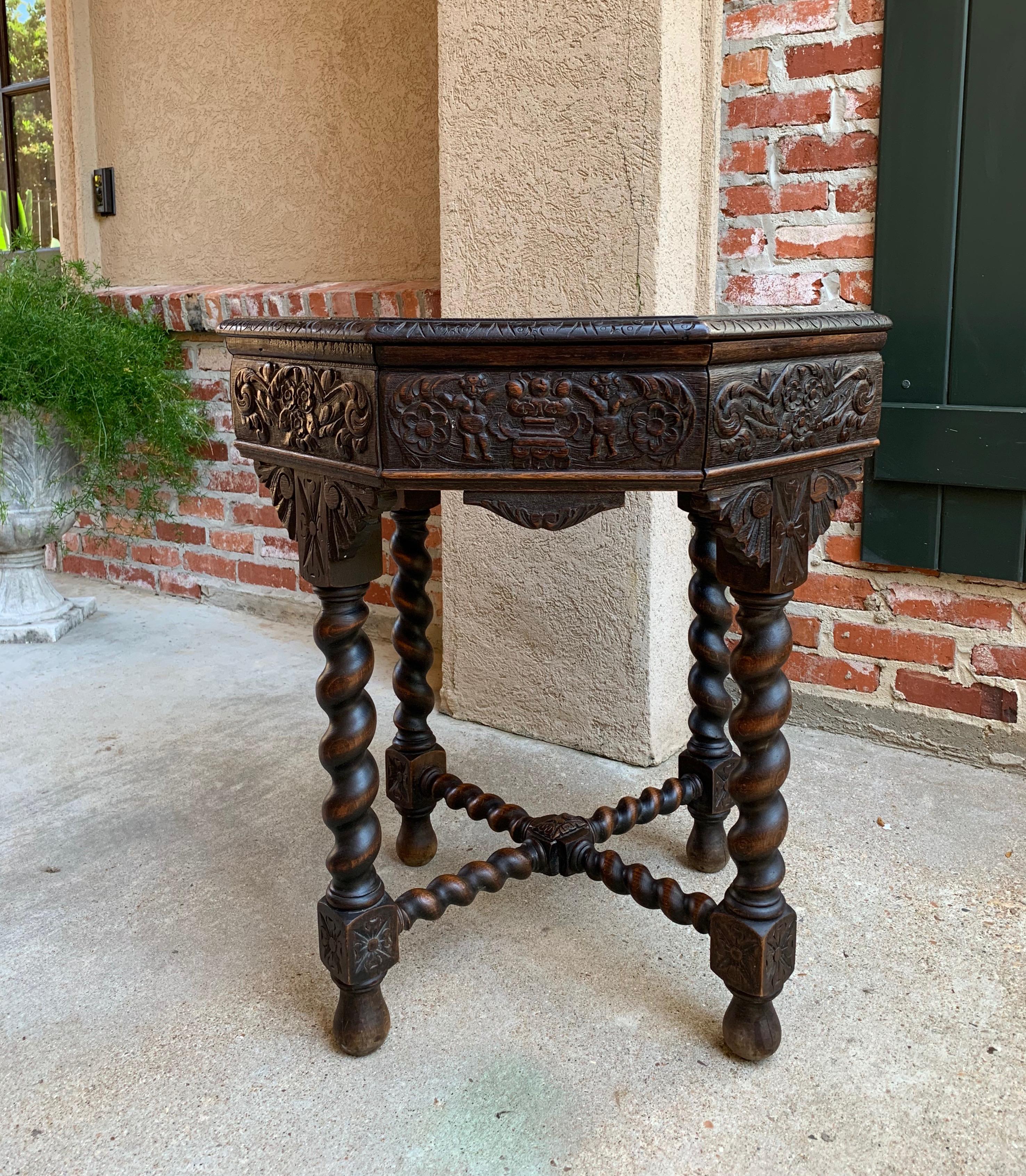 Renaissance Revival 19th Century French Carved Oak Center Octagon Table Barley Twist Library Sofa