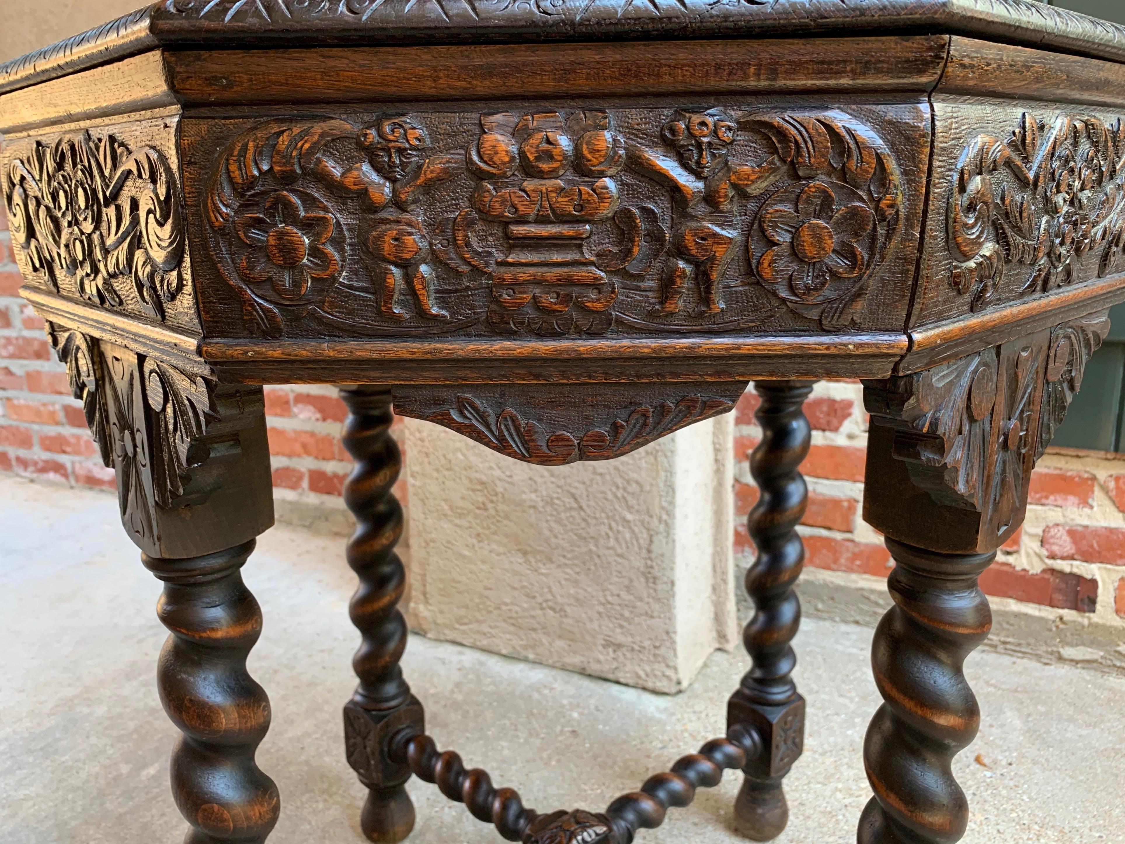 Hand-Carved 19th Century French Carved Oak Center Octagon Table Barley Twist Library Sofa