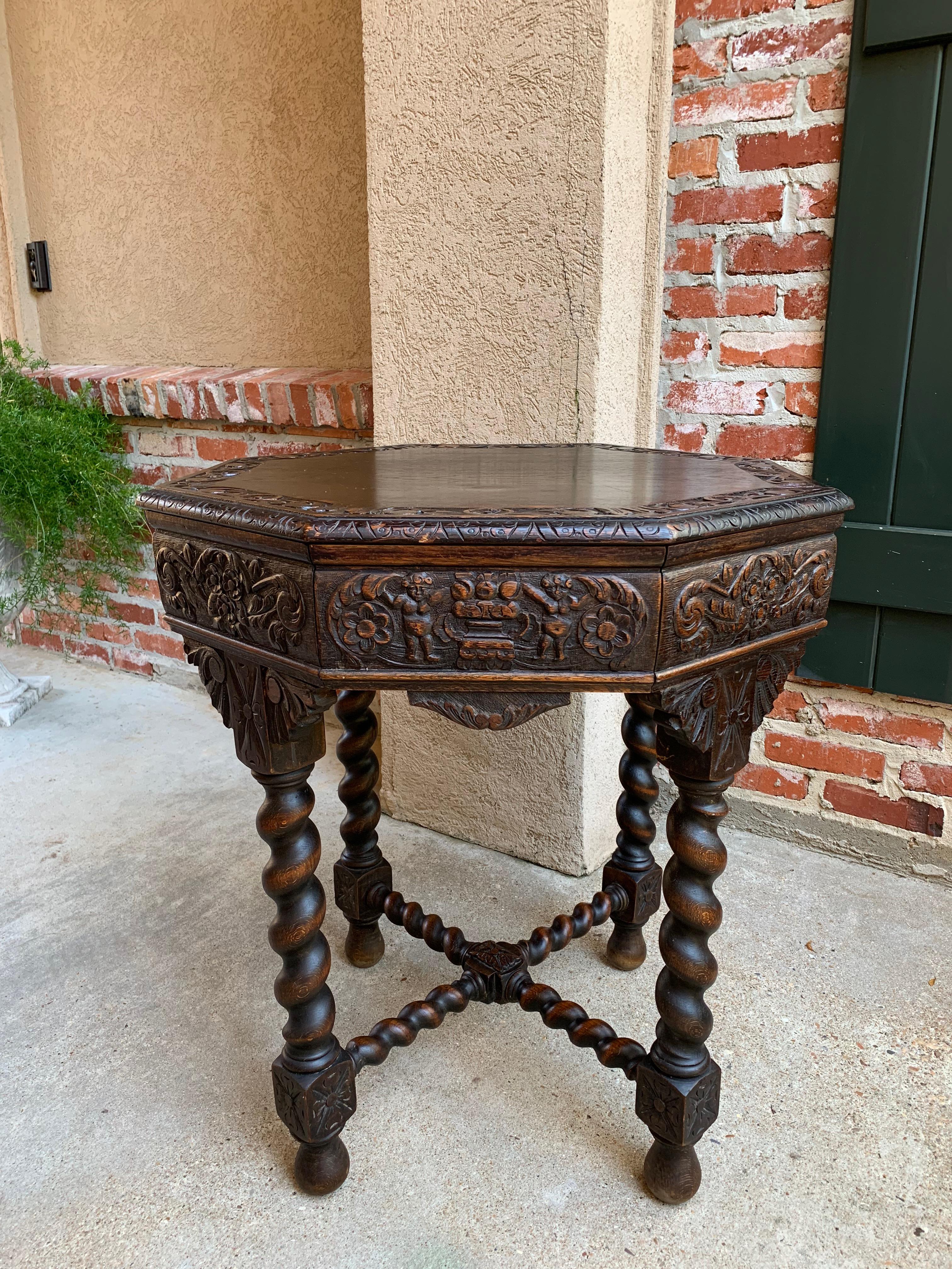 19th Century French Carved Oak Center Octagon Table Barley Twist Library Sofa 1