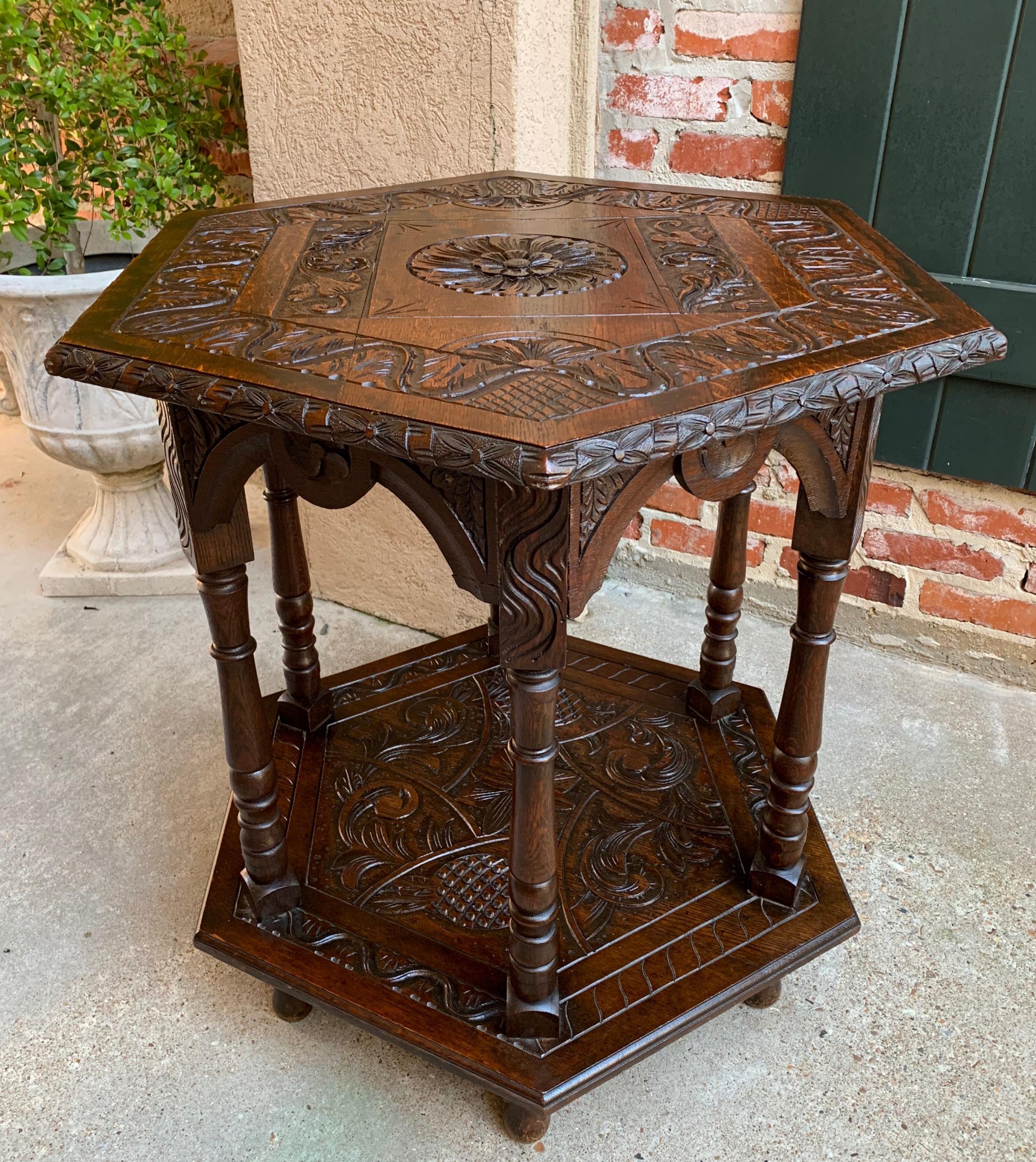 Antique French Carved Oak Center Side Table Hexagon Two-Tier Shelf c1890 For Sale 5