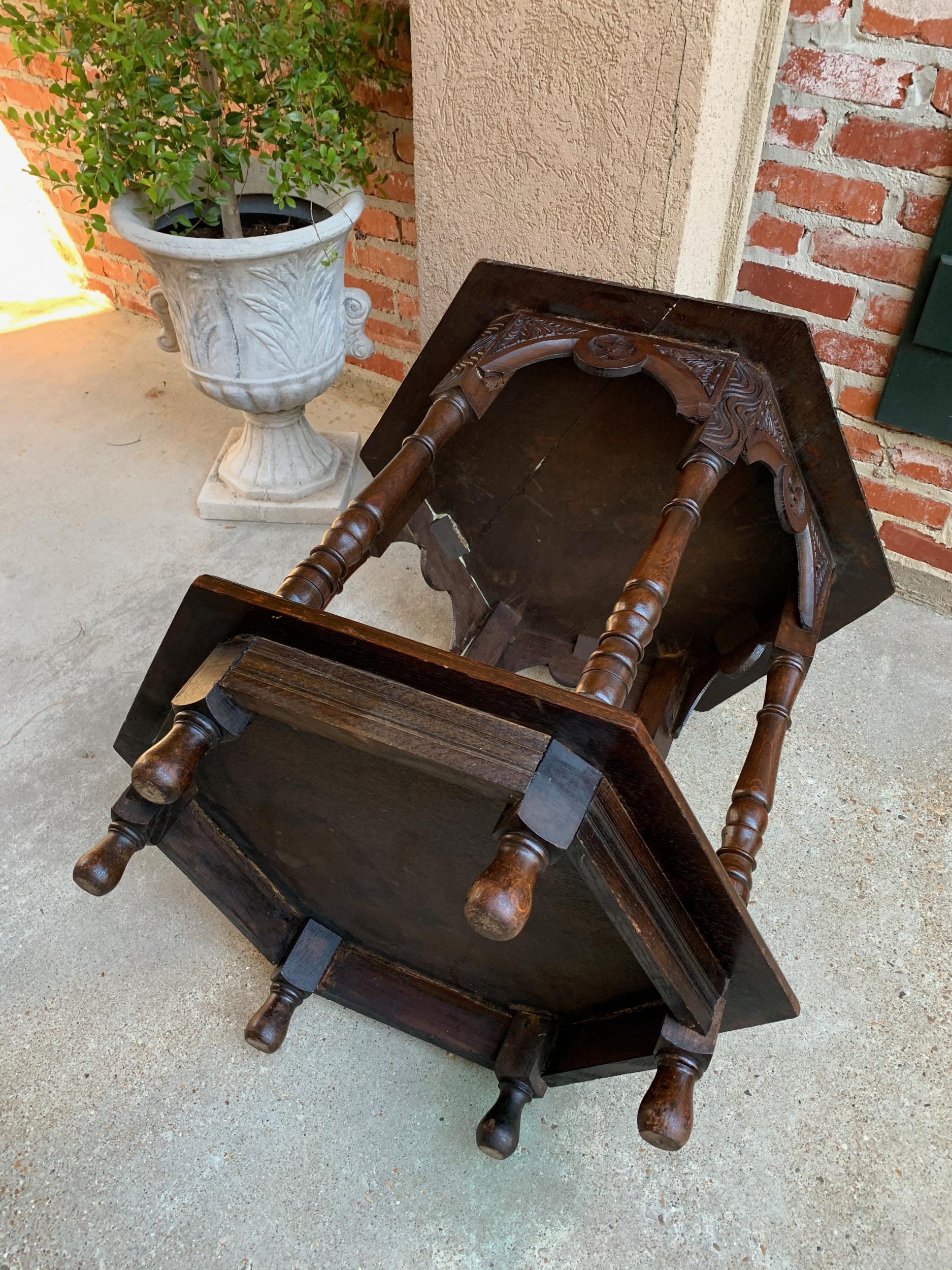 Antique French Carved Oak Center Side Table Hexagon Two-Tier Shelf c1890 For Sale 7