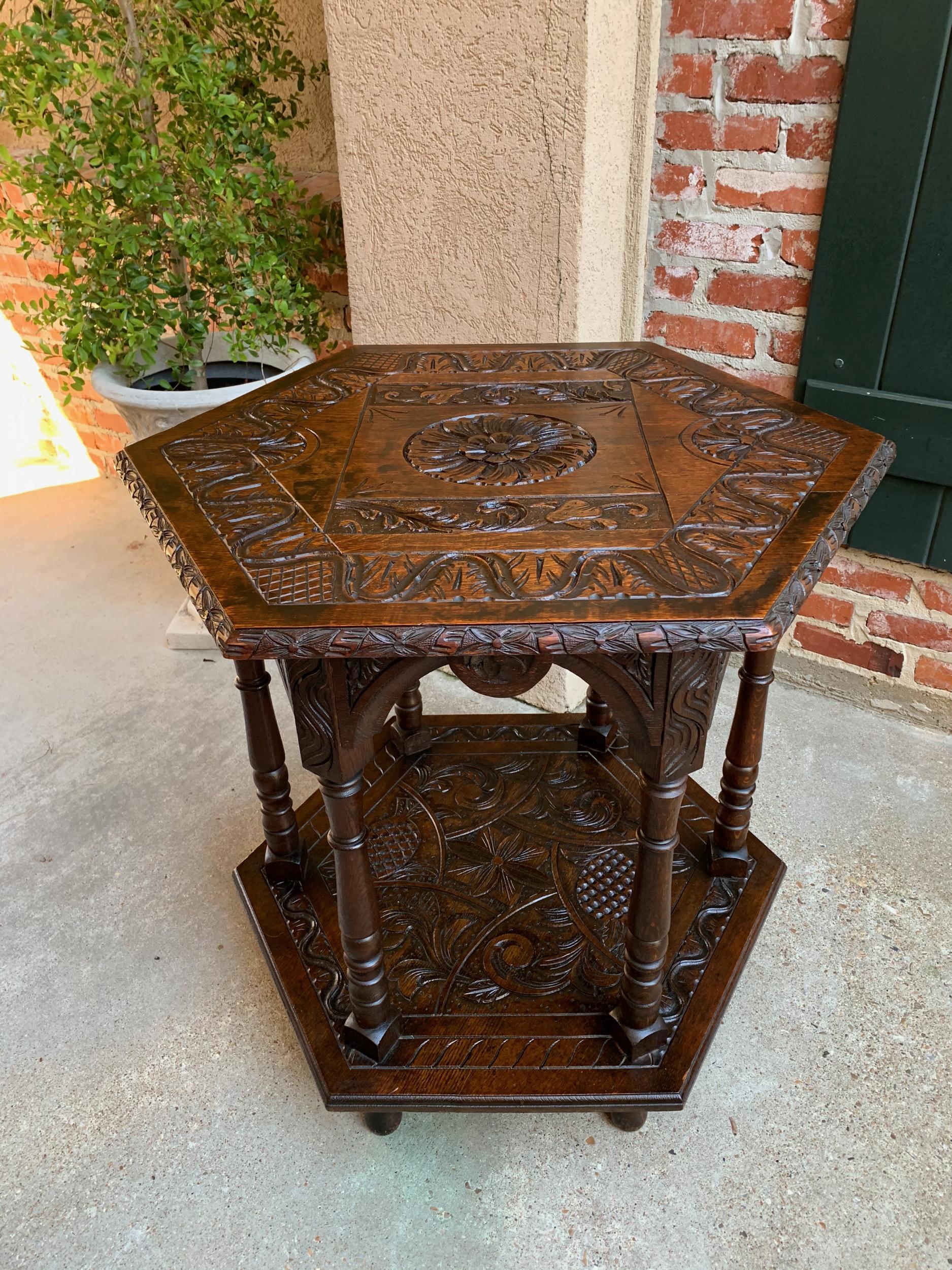 19th Century French Carved Oak Center Side Table Hexagon Two-Tier Shelf For Sale 9