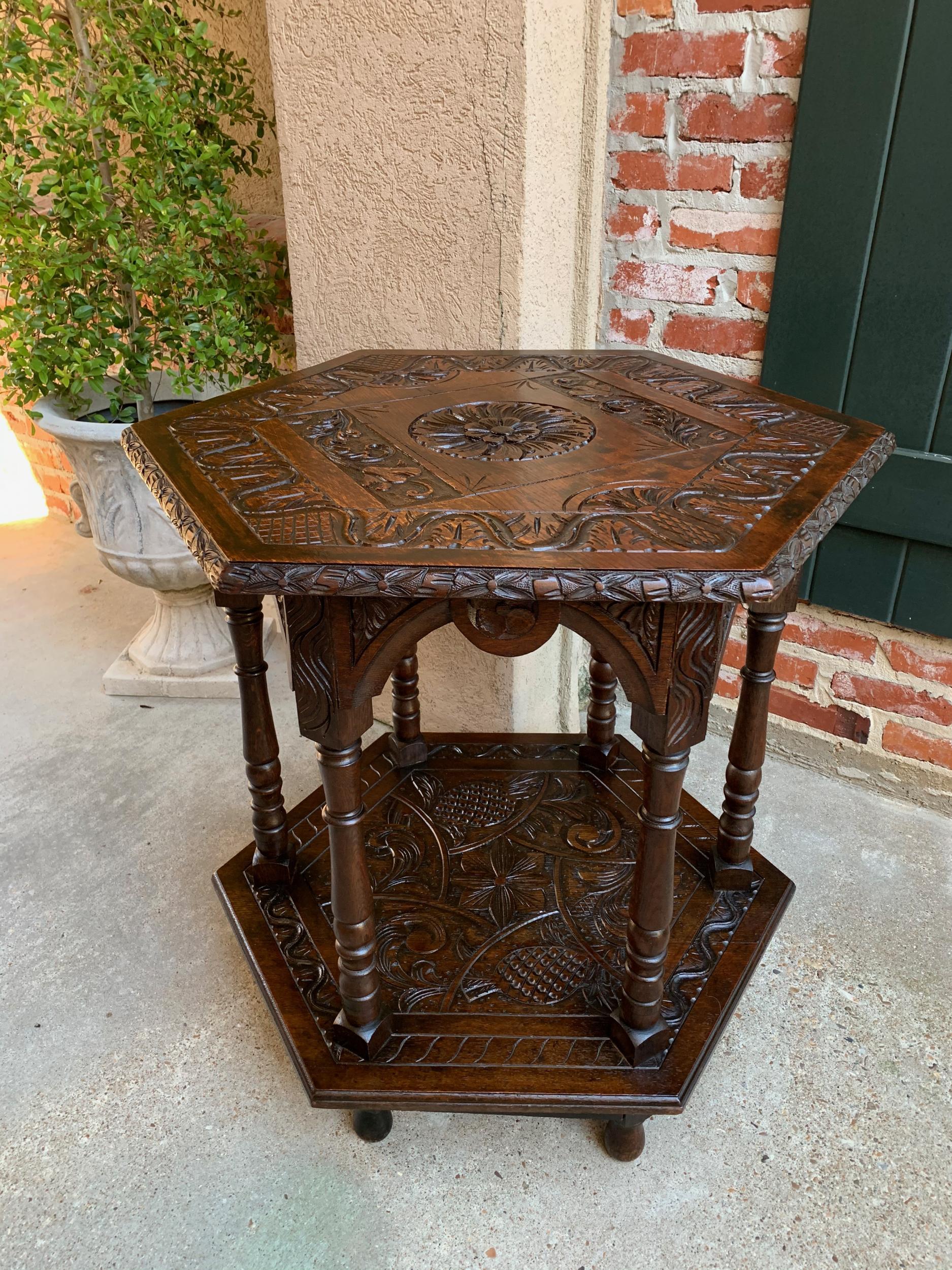 Antique French Carved Oak Center Side Table Hexagon Two-Tier Shelf c1890 For Sale 9