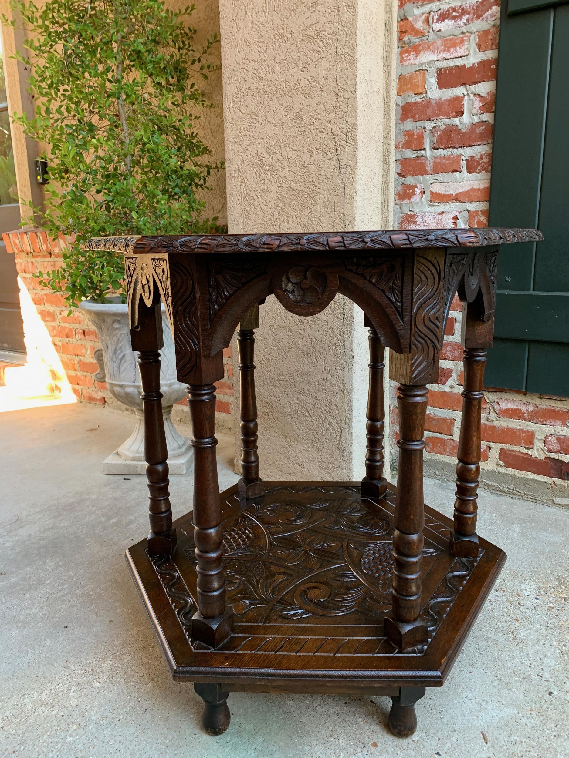 Antique French Carved Oak Center Side Table Hexagon Two-Tier Shelf c1890 For Sale 12