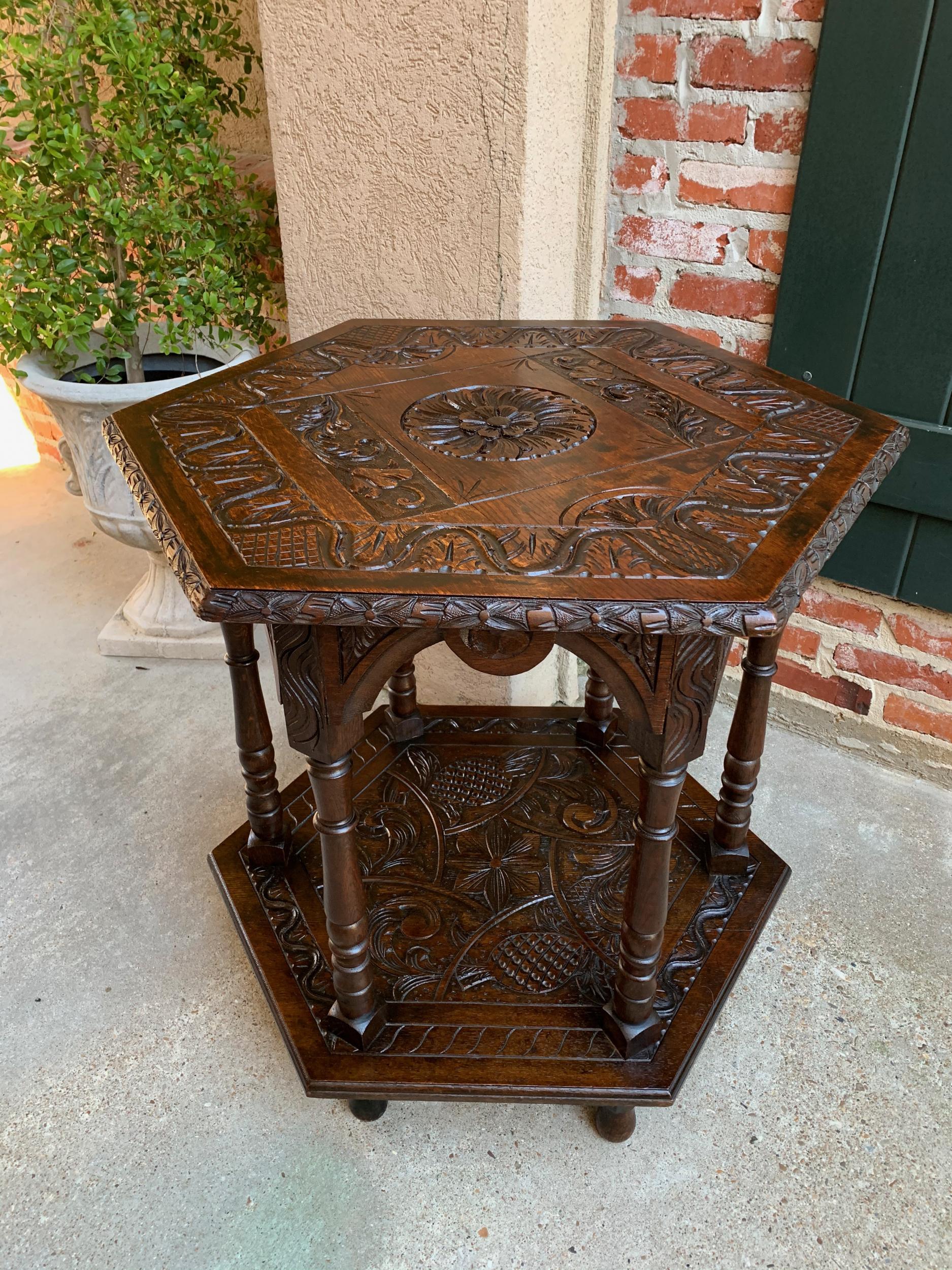 Louis XIV Antique French Carved Oak Center Side Table Hexagon Two-Tier Shelf c1890 For Sale