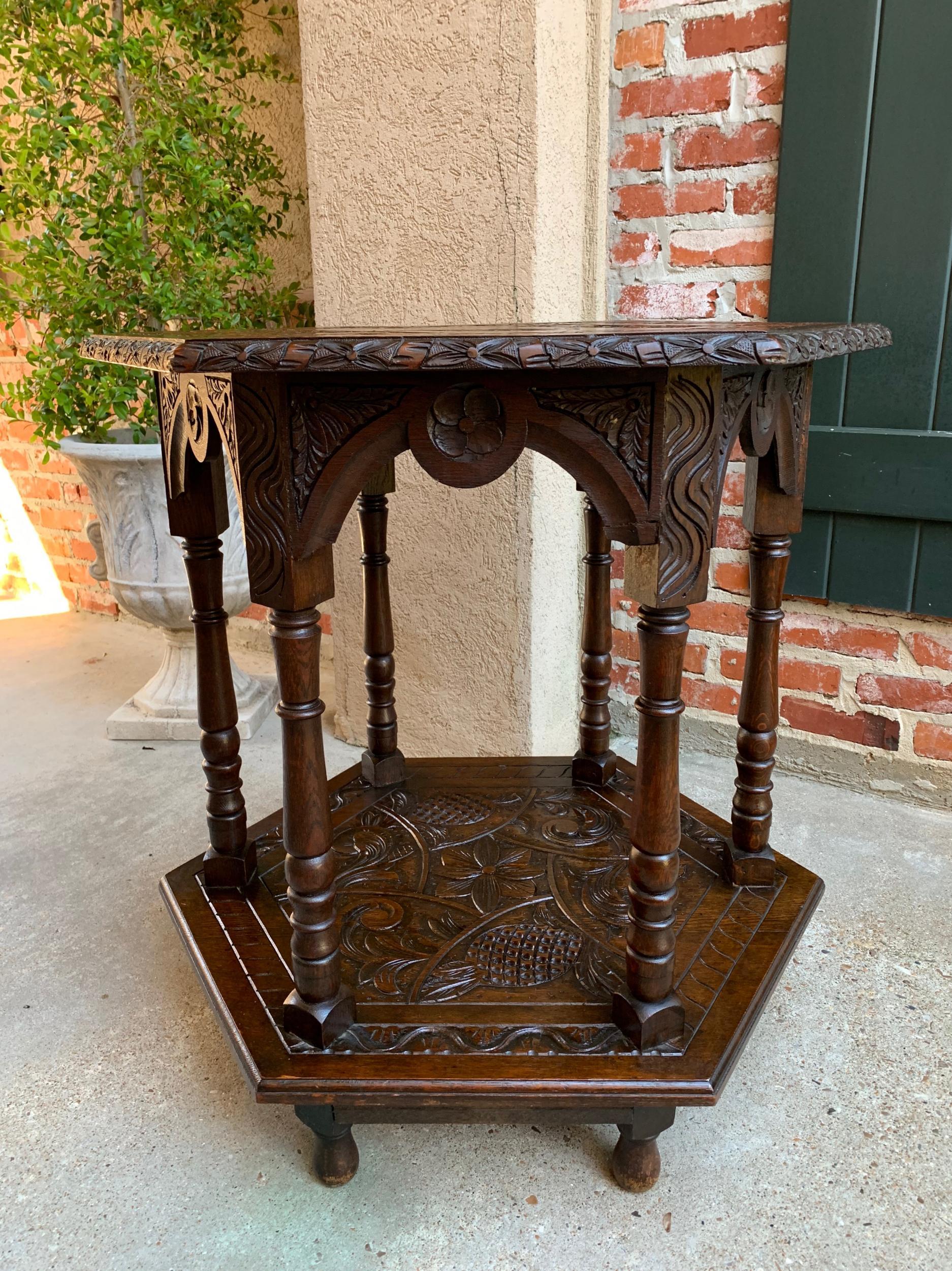 19th Century Antique French Carved Oak Center Side Table Hexagon Two-Tier Shelf c1890 For Sale