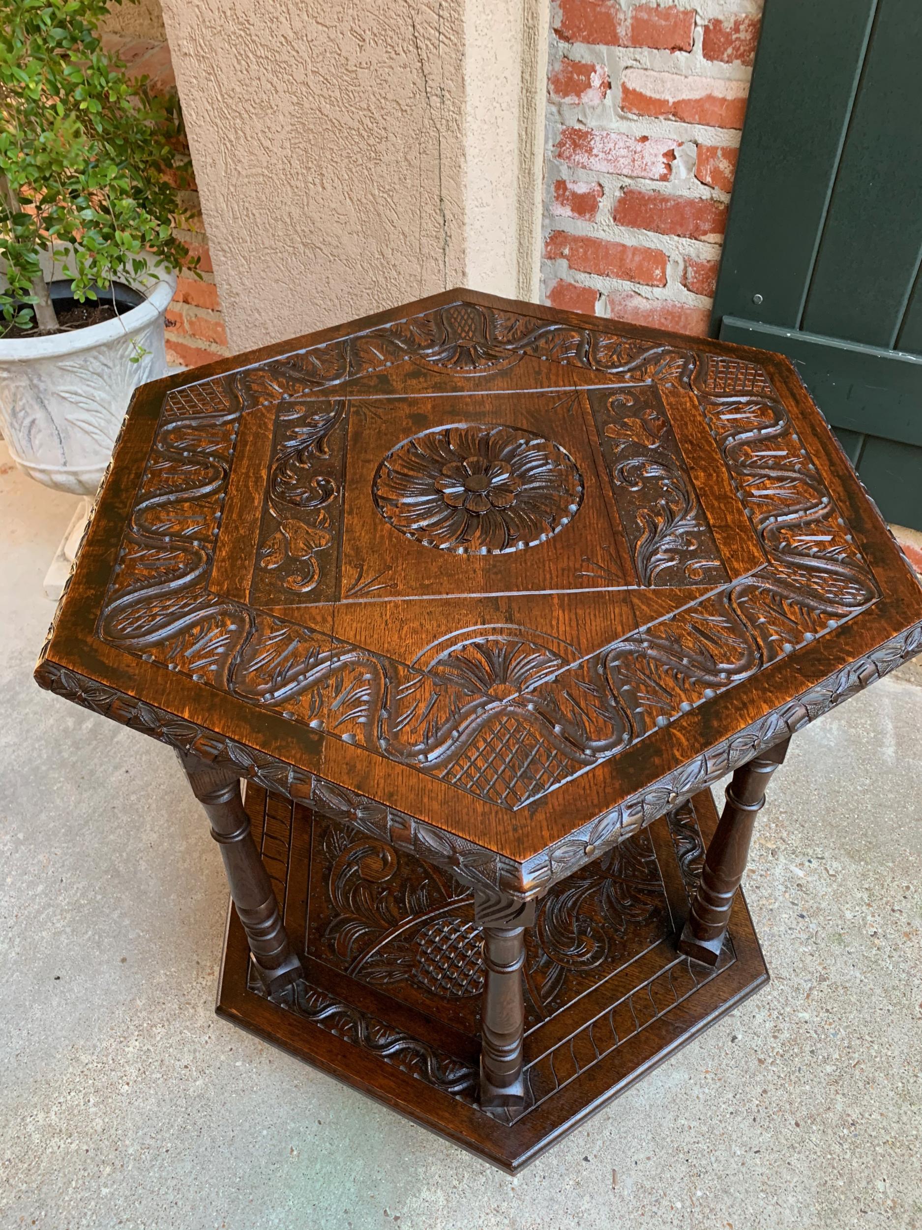 19th Century French Carved Oak Center Side Table Hexagon Two-Tier Shelf For Sale 4