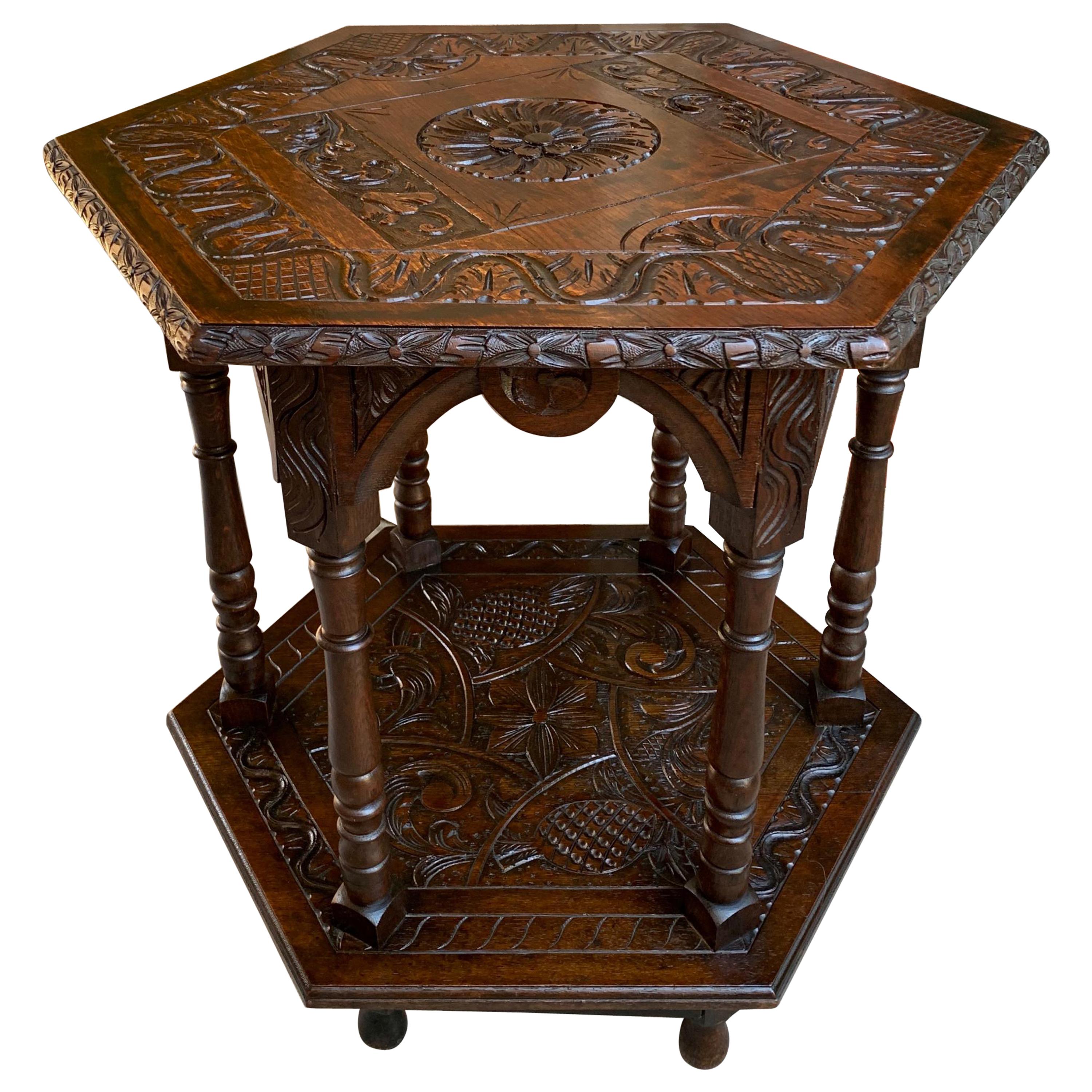 19th Century French Carved Oak Center Side Table Hexagon Two-Tier Shelf For Sale