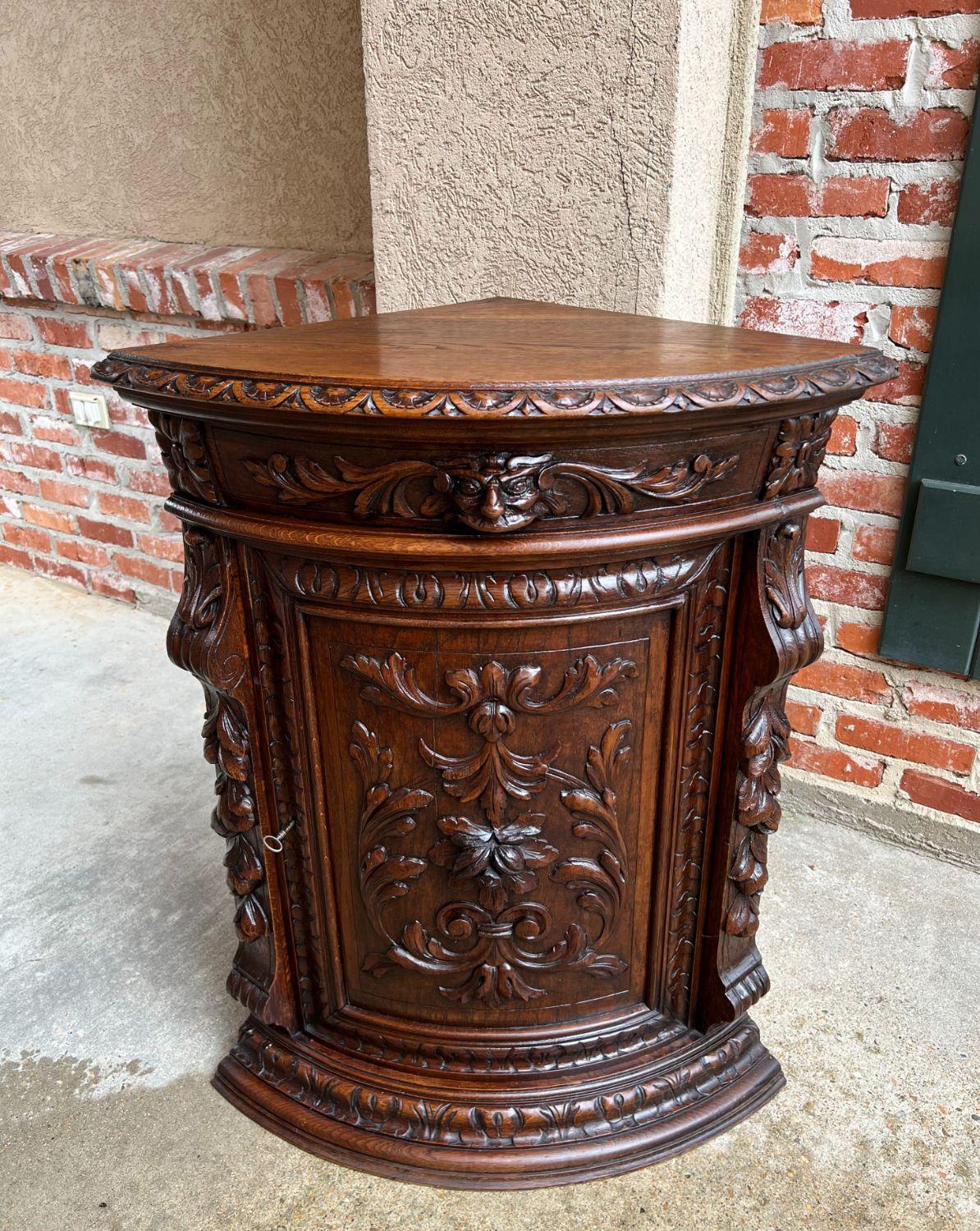 19th Century French Carved Oak Corner Cabinet Renaissance Petite Arched Front 9