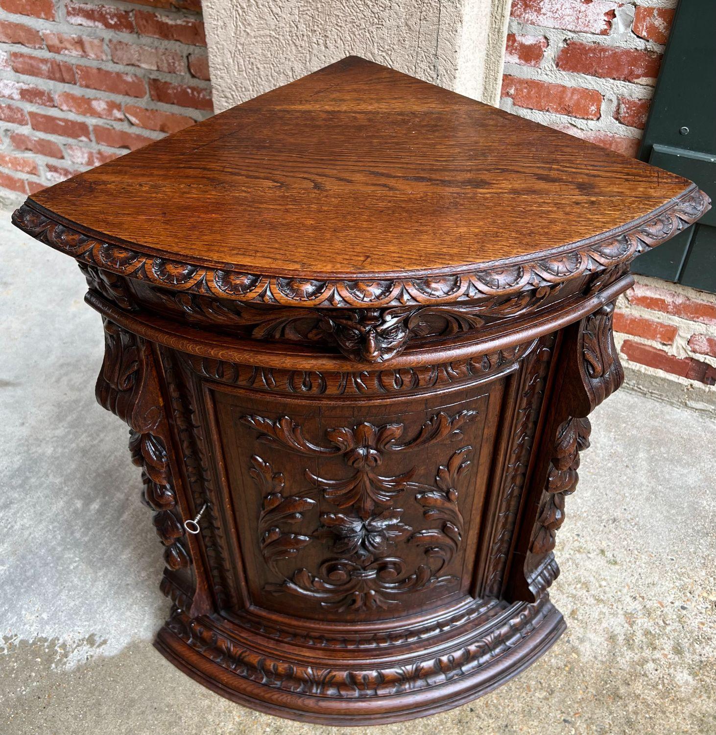 Hand-Carved 19th Century French Carved Oak Corner Cabinet Renaissance Petite Arched Front