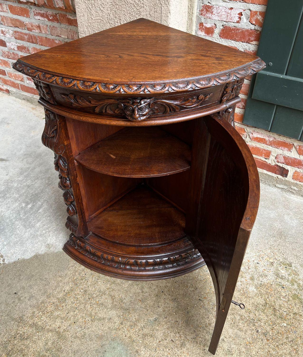 19th Century French Carved Oak Corner Cabinet Renaissance Petite Arched Front 4