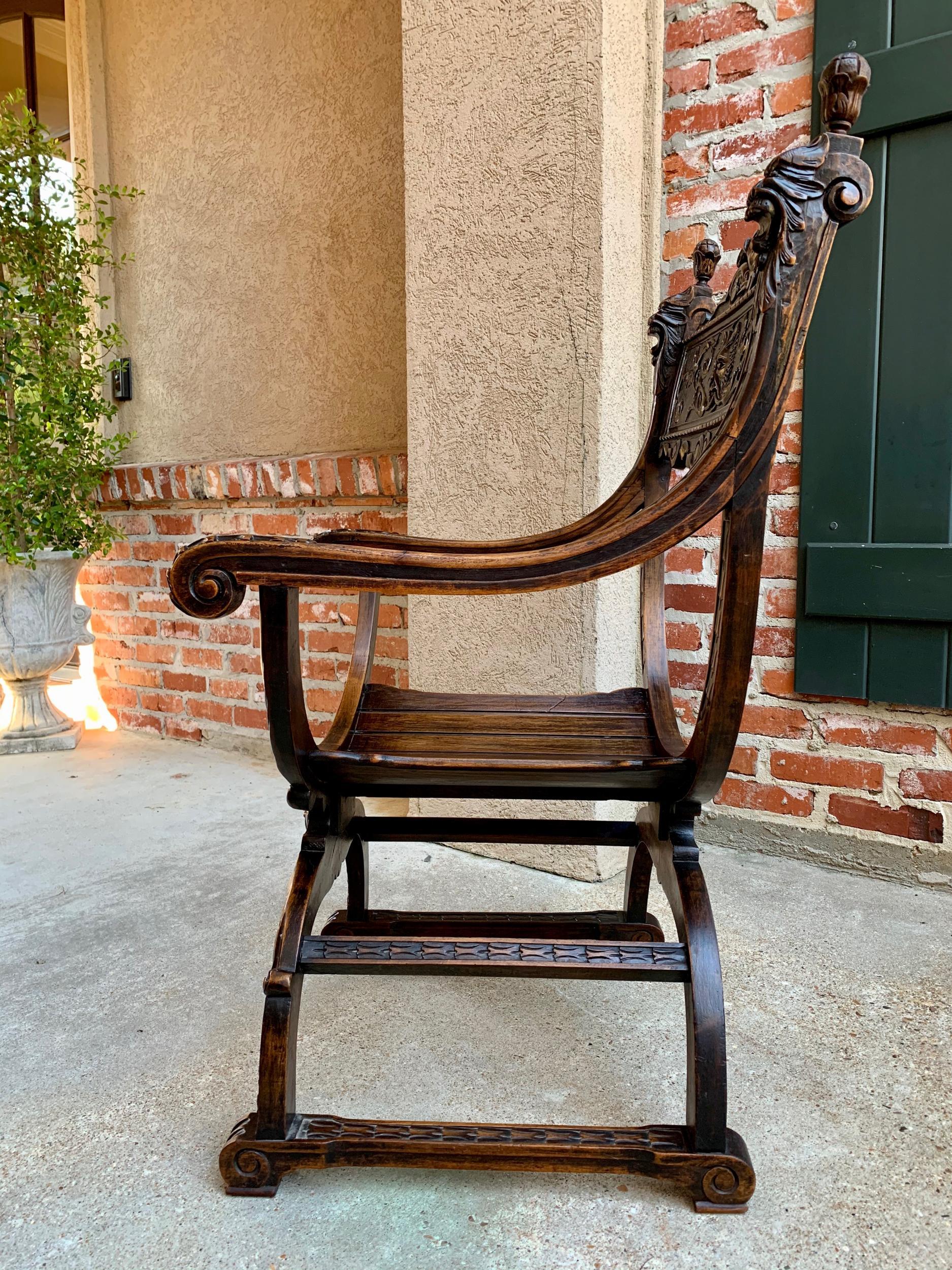 19th Century French Carved Oak Curule Chair Arm Throne Renaissance Dagobert 3