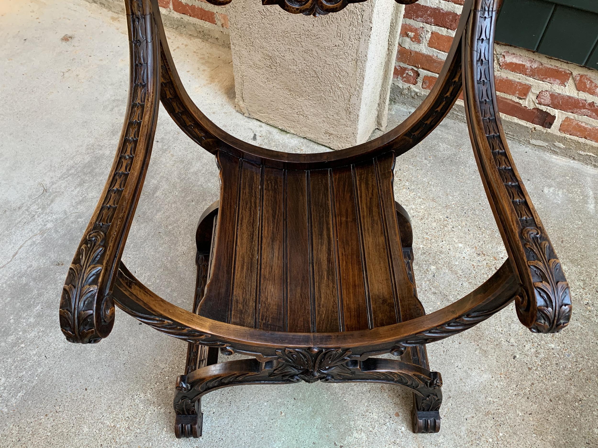 19th Century French Carved Oak Curule Chair Arm Throne Renaissance Dagobert 4