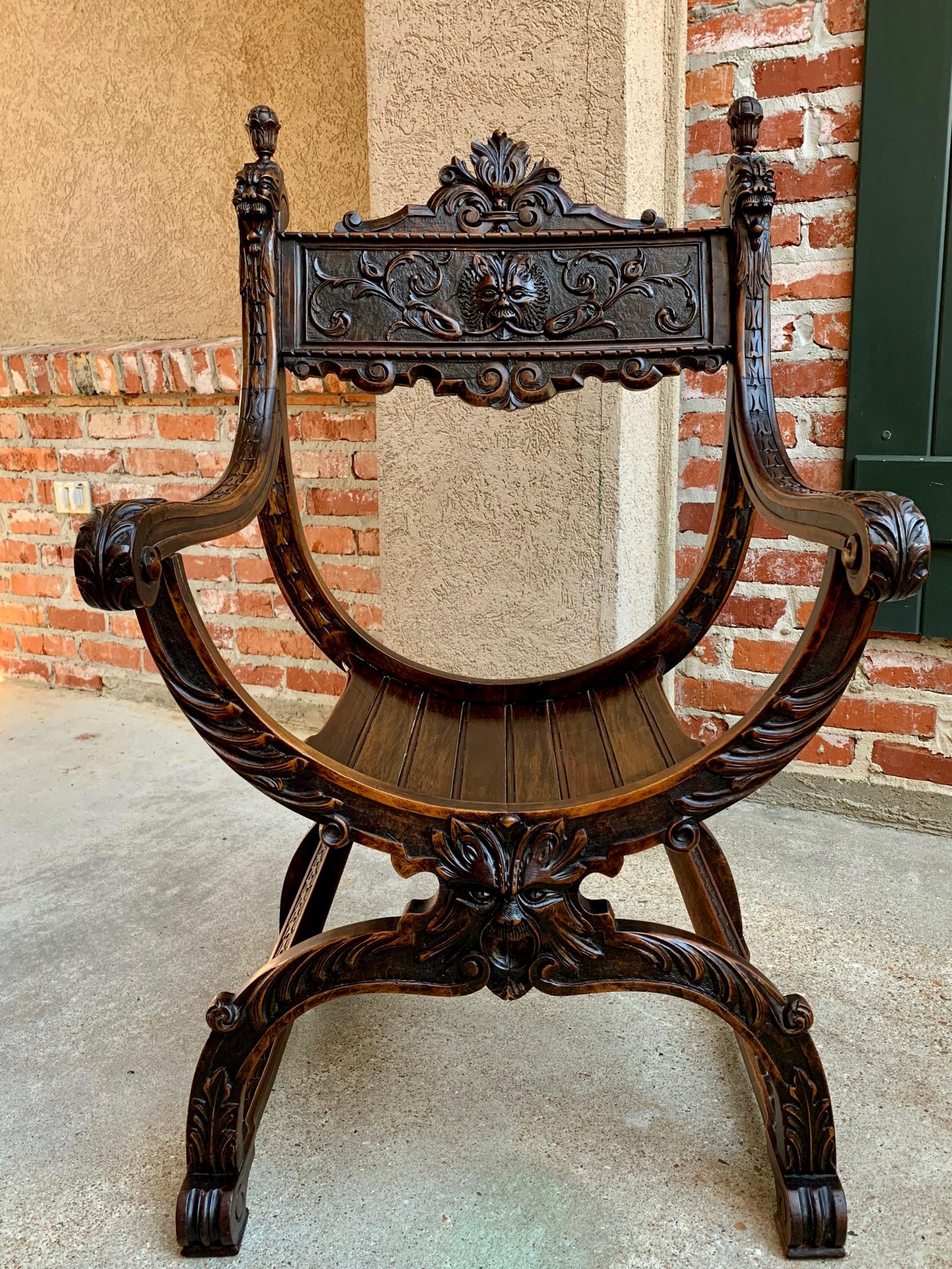 19th Century French Carved Oak Curule Chair Arm Throne Renaissance Dagobert 6