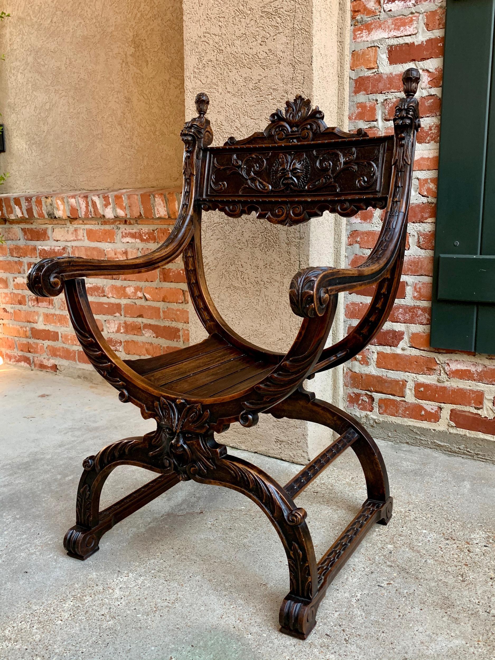 19th Century French Carved Oak Curule Chair Arm Throne Renaissance Dagobert 7