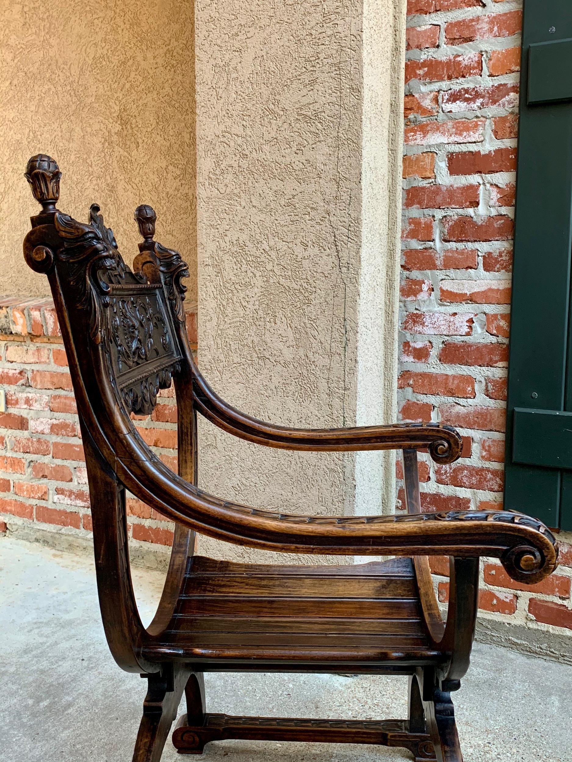 19th Century French Carved Oak Curule Chair Arm Throne Renaissance Dagobert 12