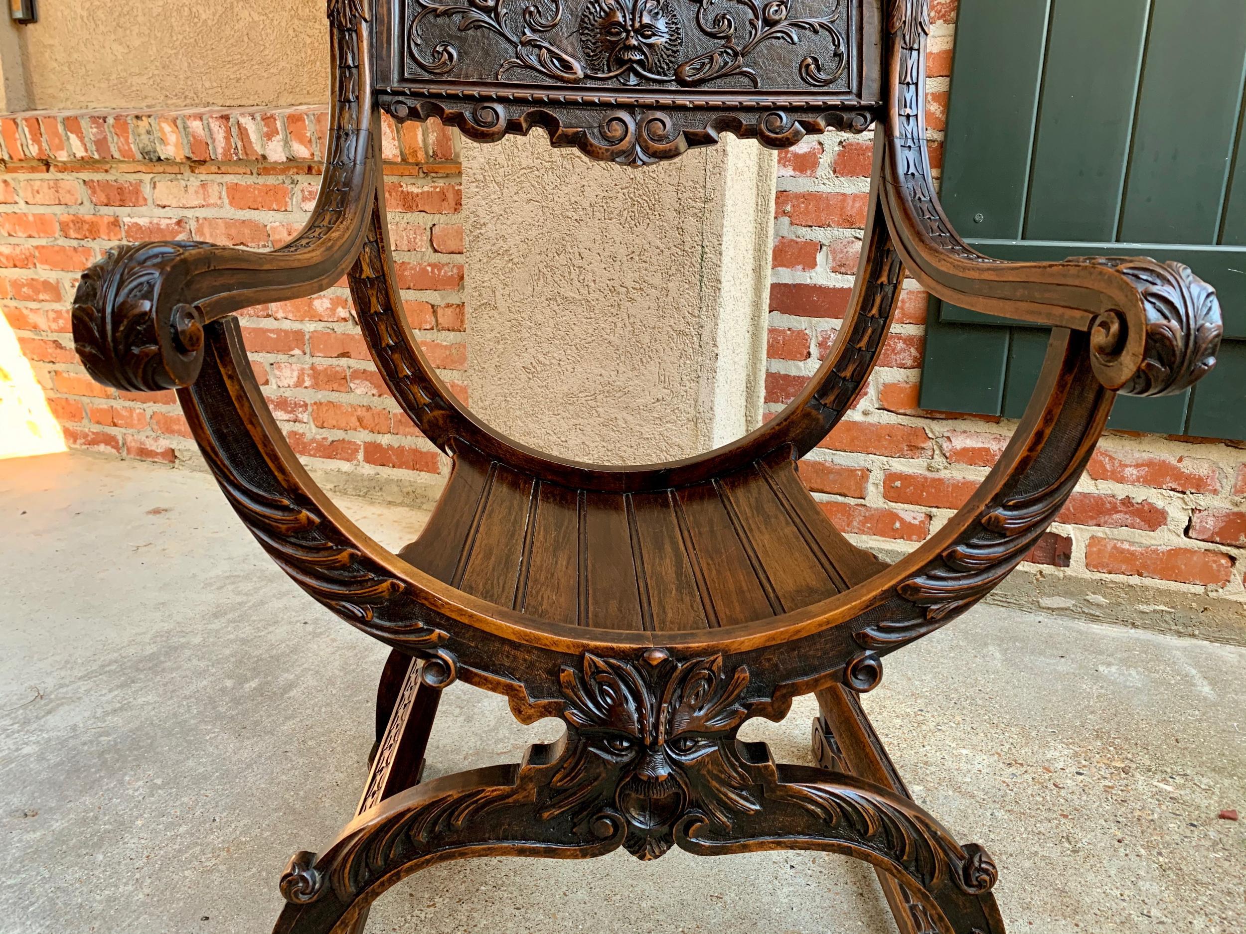 Hand-Carved 19th Century French Carved Oak Curule Chair Arm Throne Renaissance Dagobert
