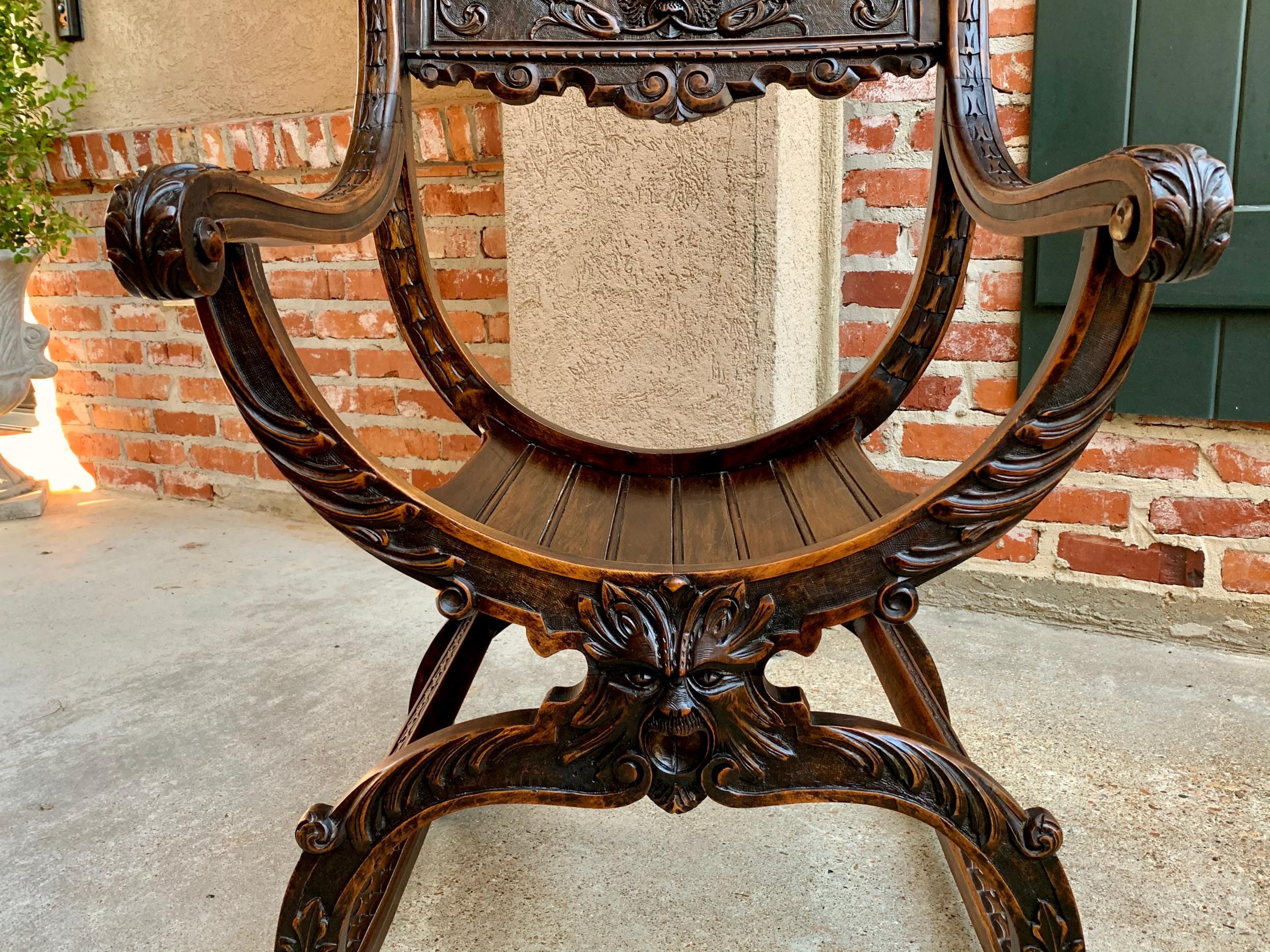 19th Century French Carved Oak Curule Chair Arm Throne Renaissance Dagobert In Good Condition In Shreveport, LA