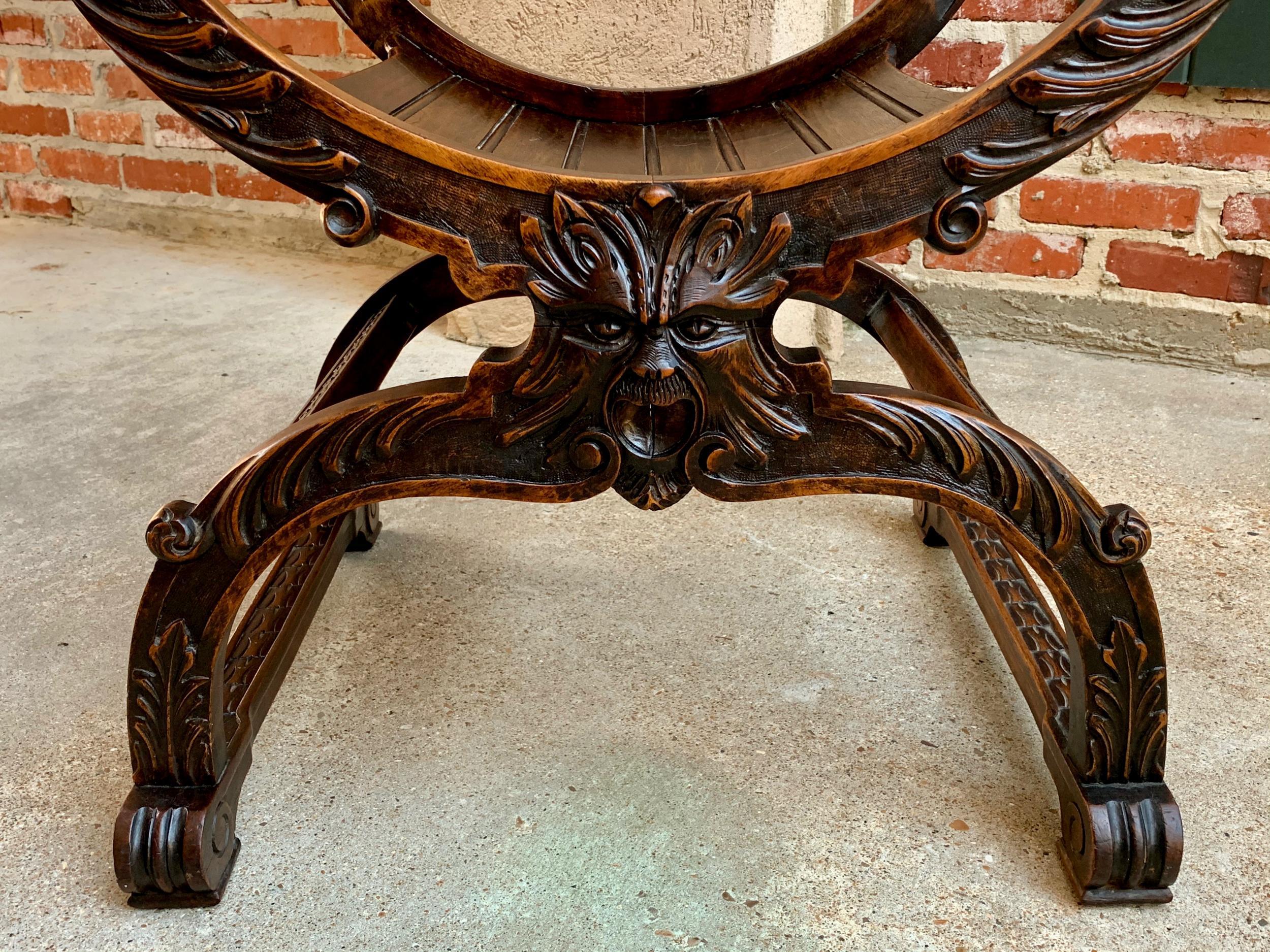 19th Century French Carved Oak Curule Chair Arm Throne Renaissance Dagobert 1