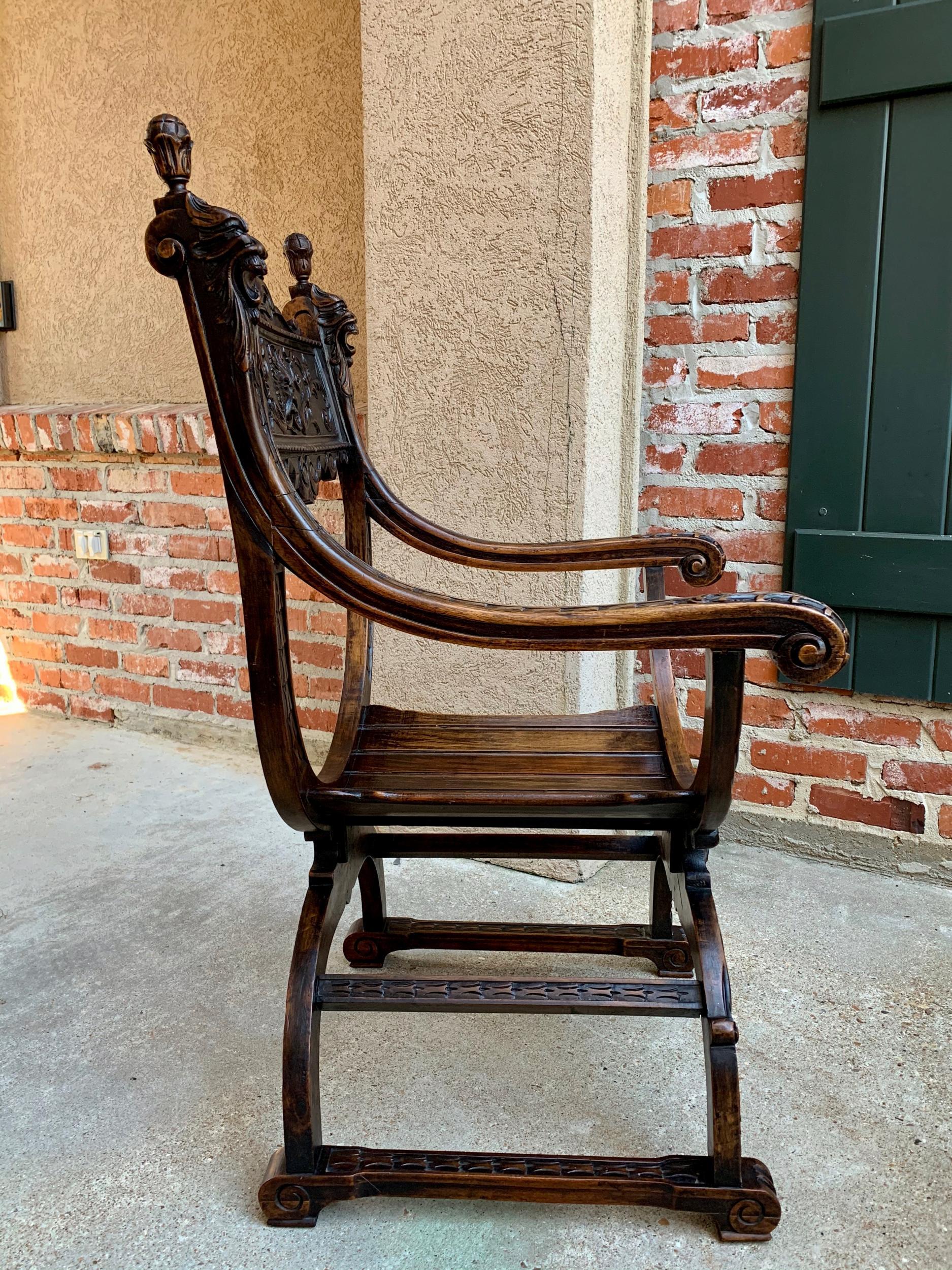 19th Century French Carved Oak Curule Chair Arm Throne Renaissance Dagobert 2