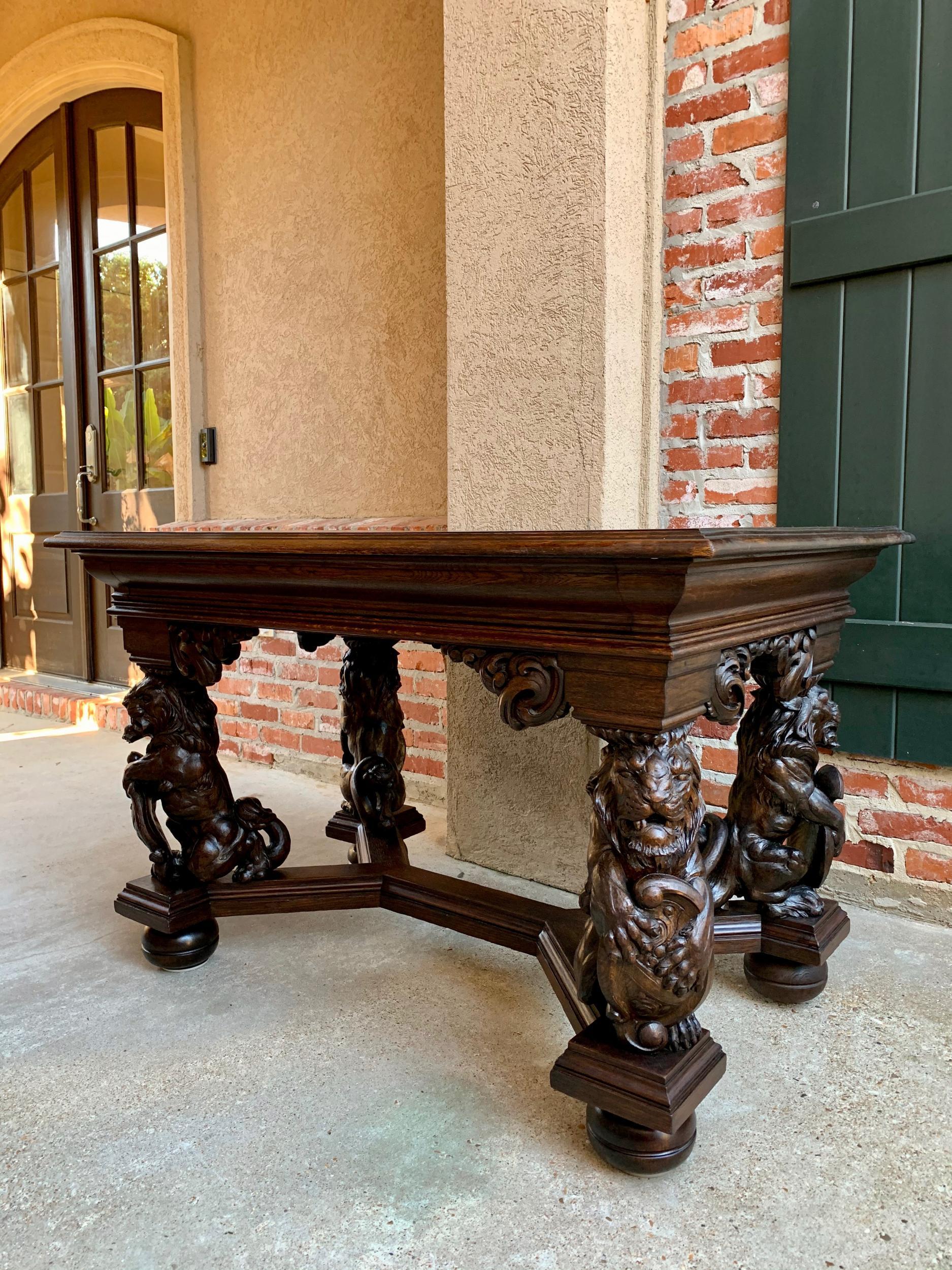 19th century French Carved Oak Desk Library Table Lion Crest Renaissance Baroque 8