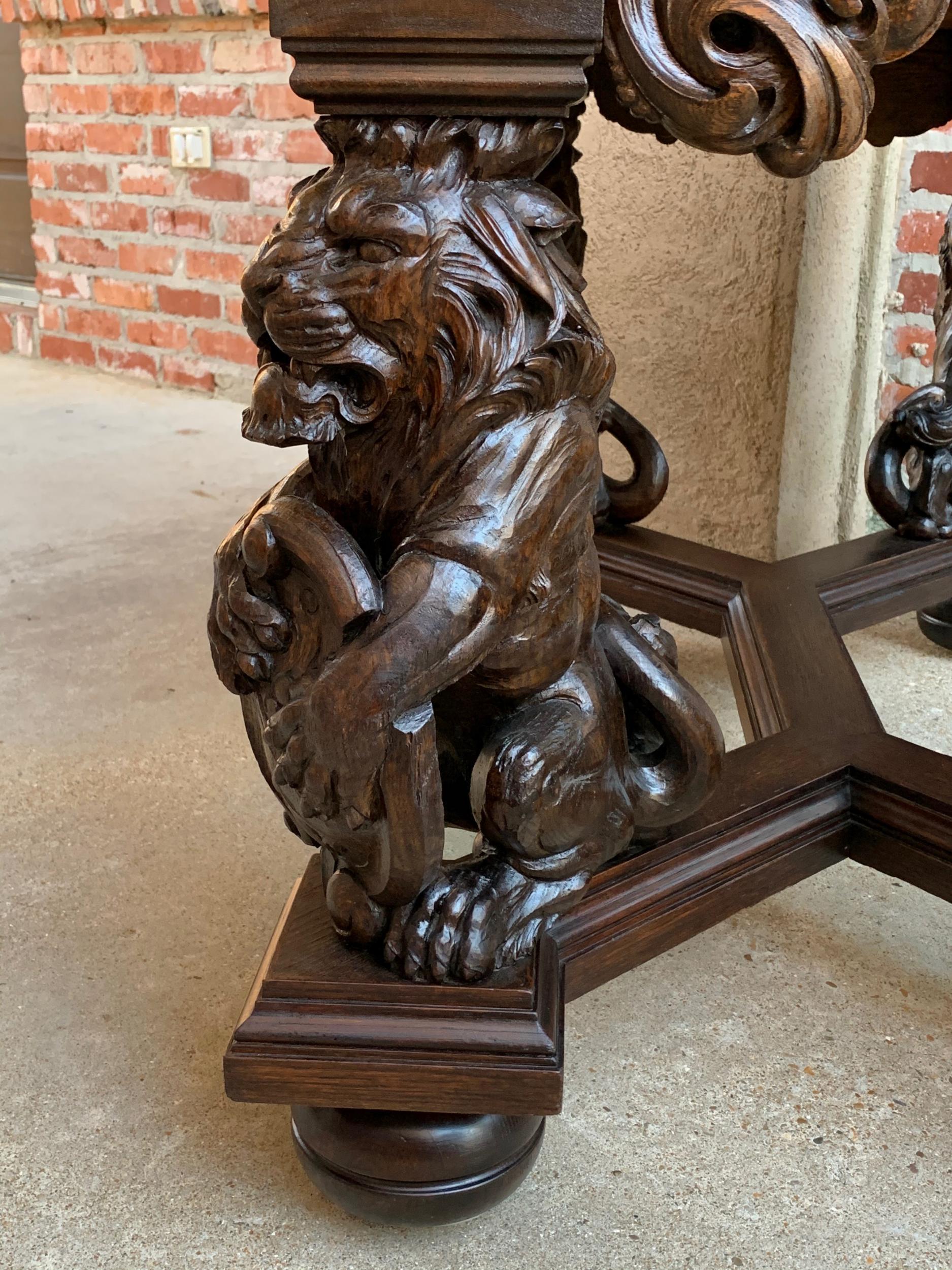 19th century French Carved Oak Desk Library Table Lion Crest Renaissance Baroque 10