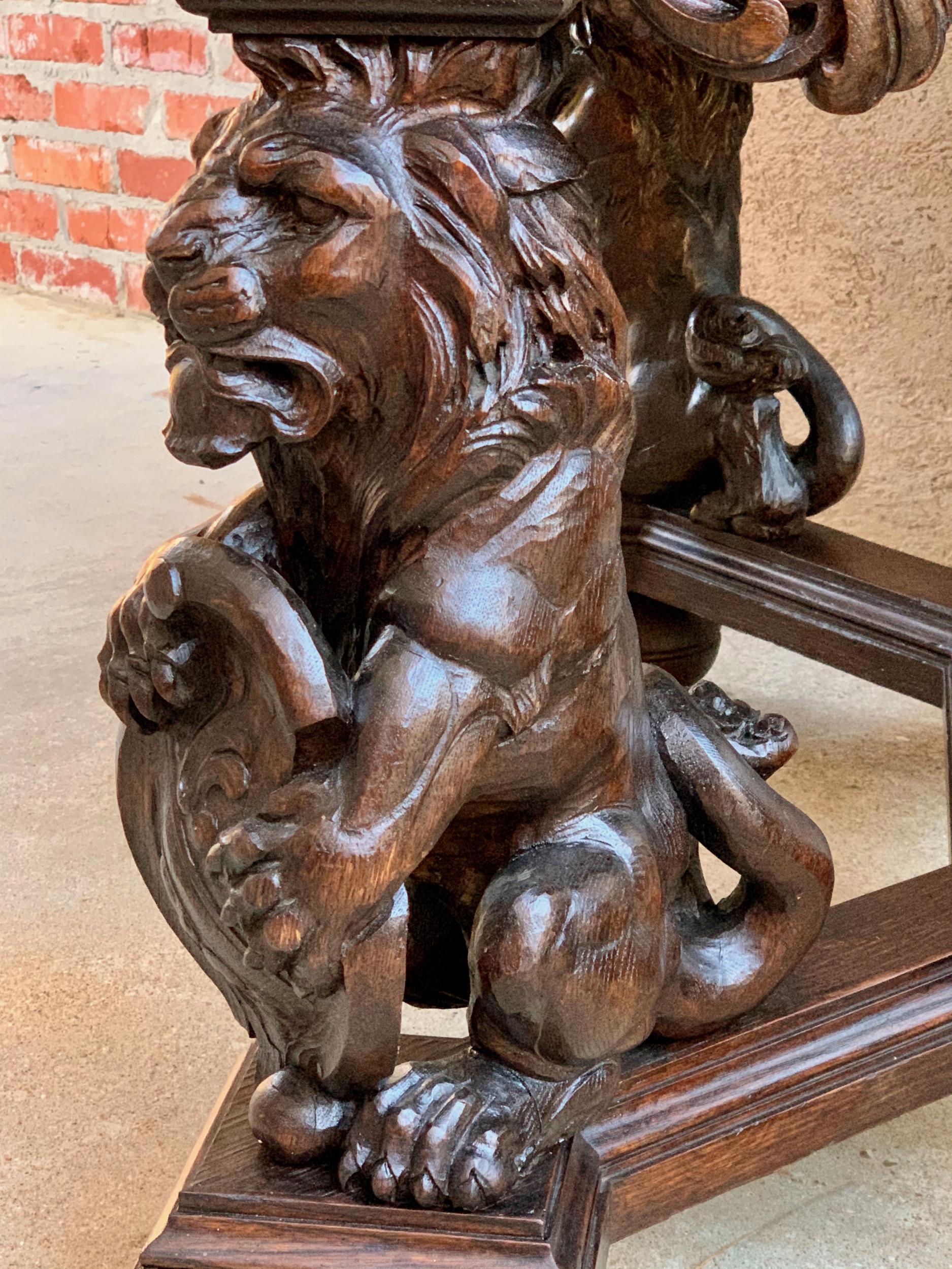 19th century French Carved Oak Desk Library Table Lion Crest Renaissance Baroque 12