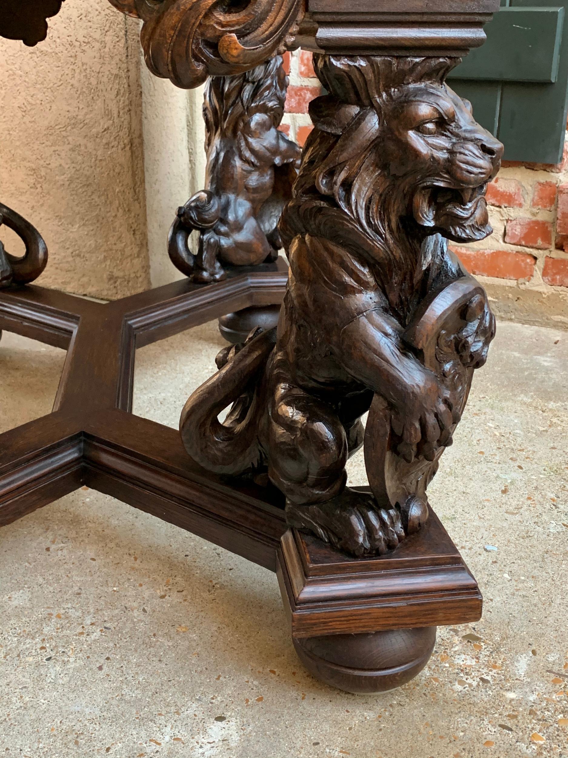 19th century French Carved Oak Desk Library Table Lion Crest Renaissance Baroque 13