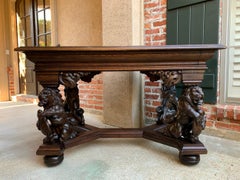 19th century French Carved Oak Desk Library Table Lion Crest Renaissance Baroque