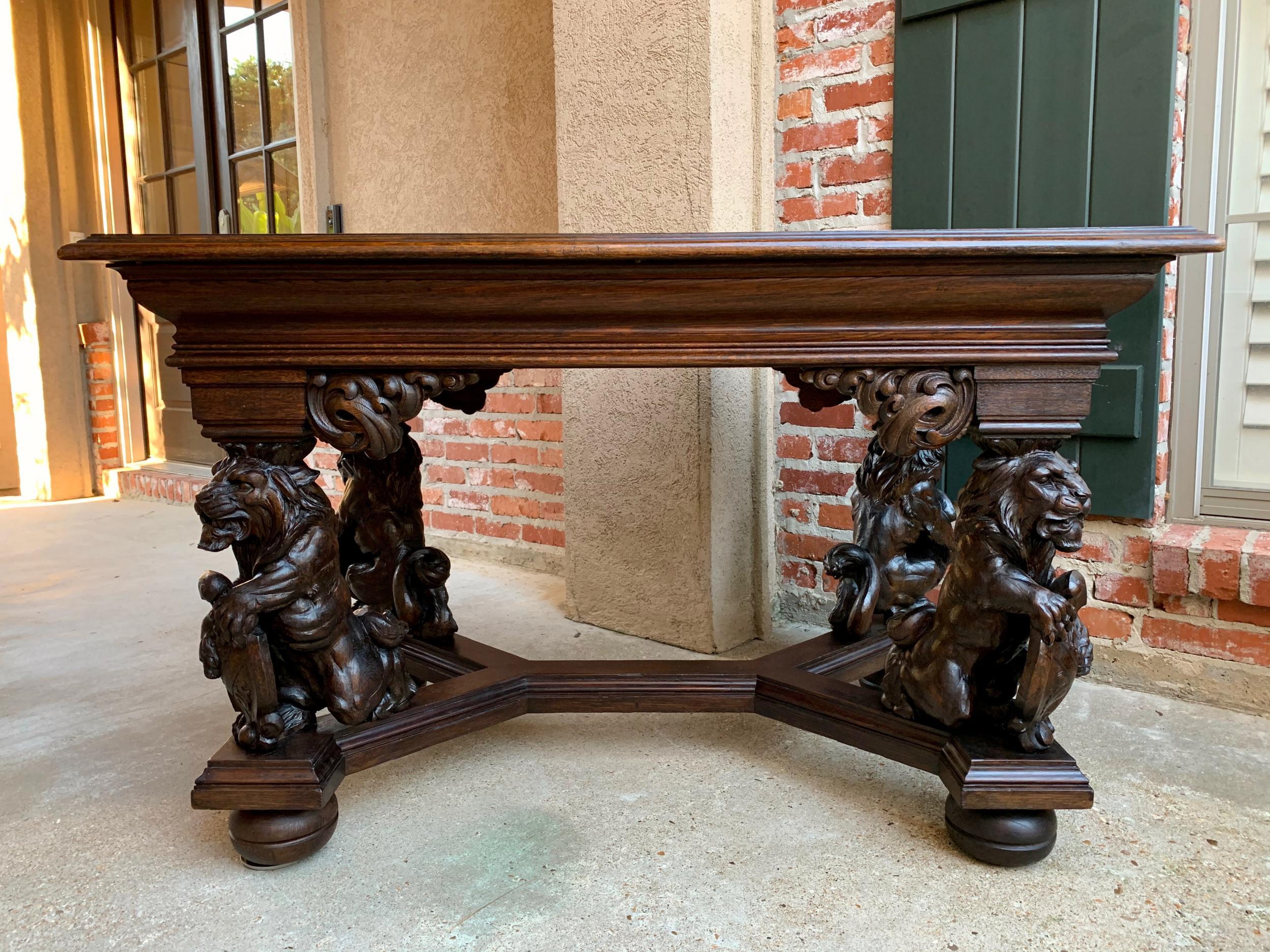 Louis XIV 19th century French Carved Oak Desk Library Table Lion Crest Renaissance Baroque