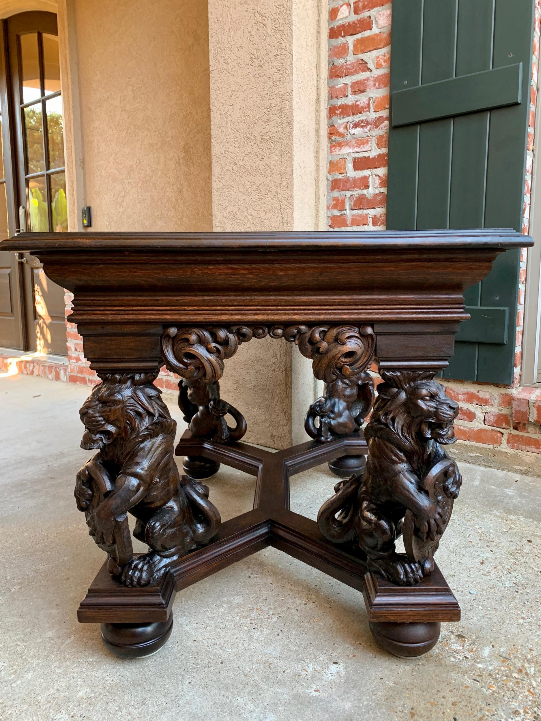 19th Century 19th century French Carved Oak Desk Library Table Lion Crest Renaissance Baroque