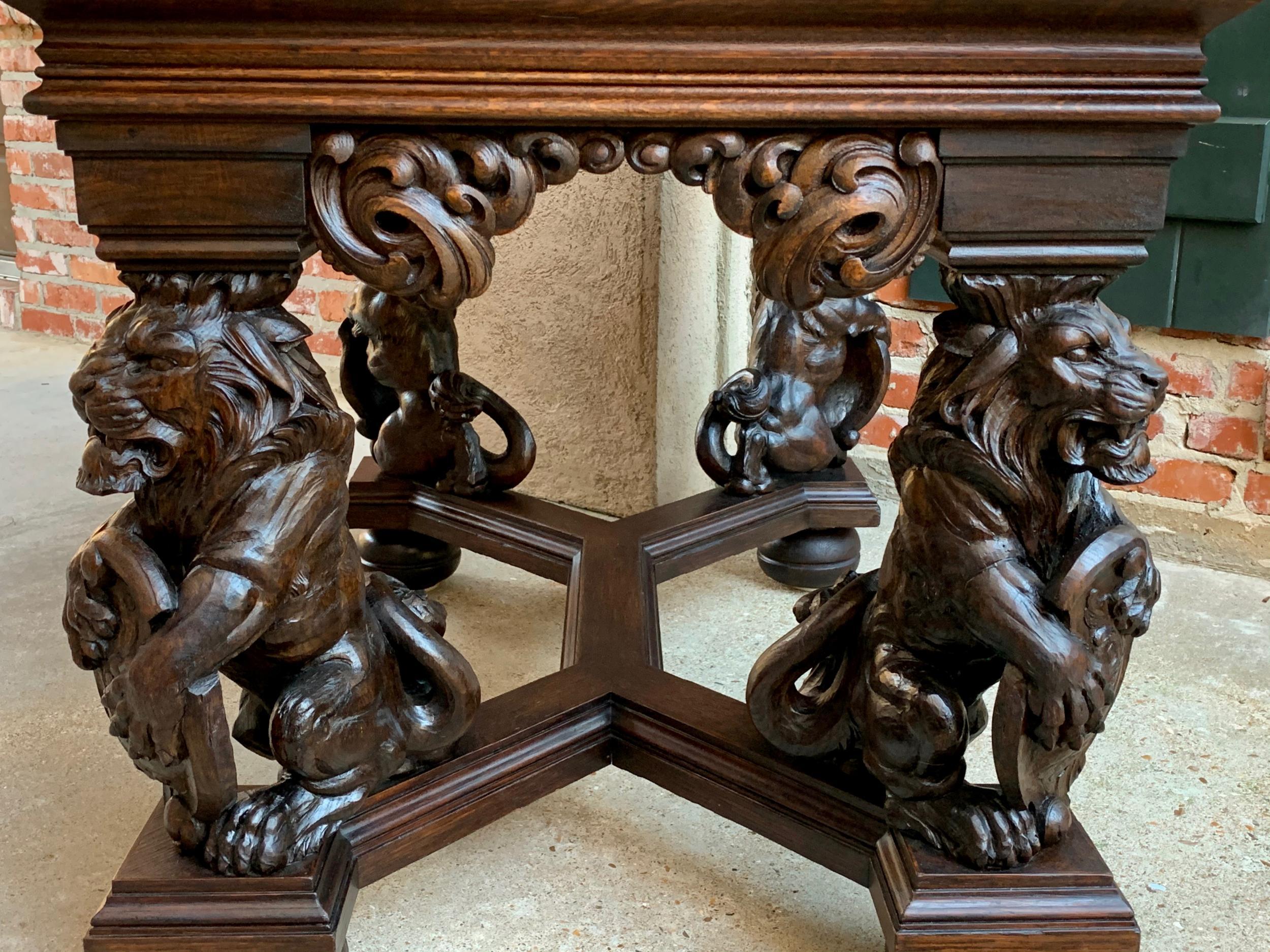 19th century French Carved Oak Desk Library Table Lion Crest Renaissance Baroque 1