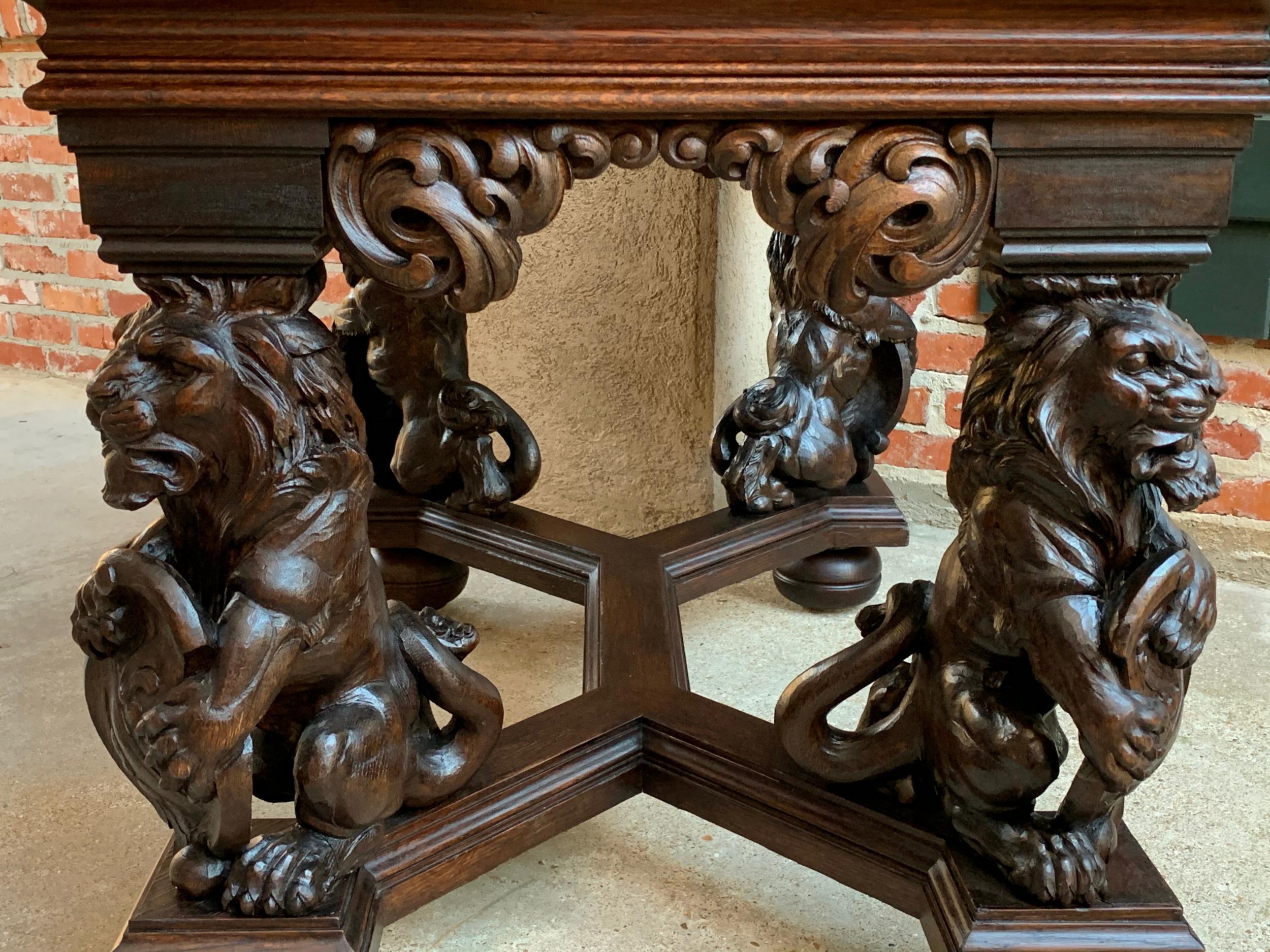 19th century French Carved Oak Desk Library Table Lion Crest Renaissance Baroque 2
